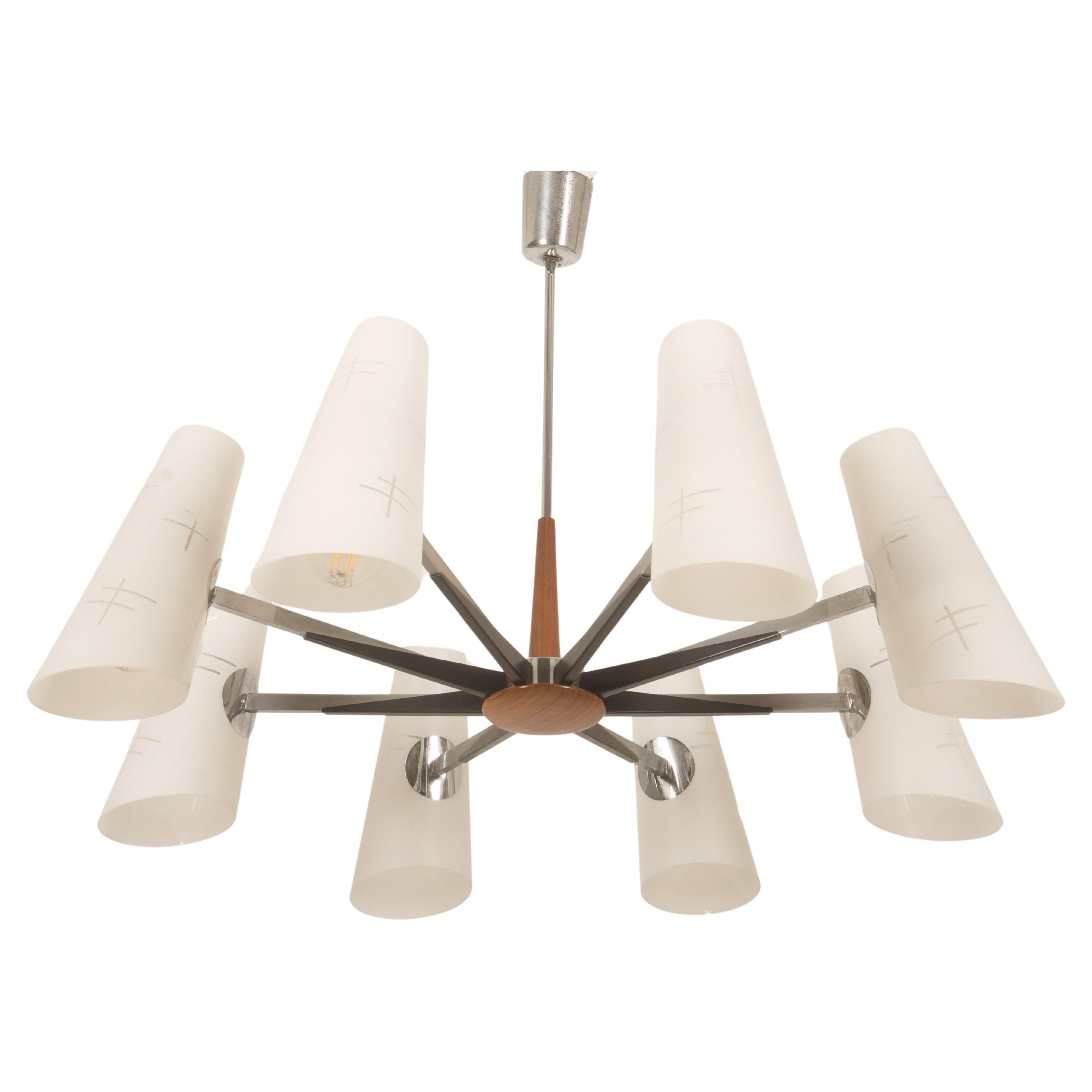 Midcentury Chromed Opaline Glass Chandelier by Rupert Nikoll