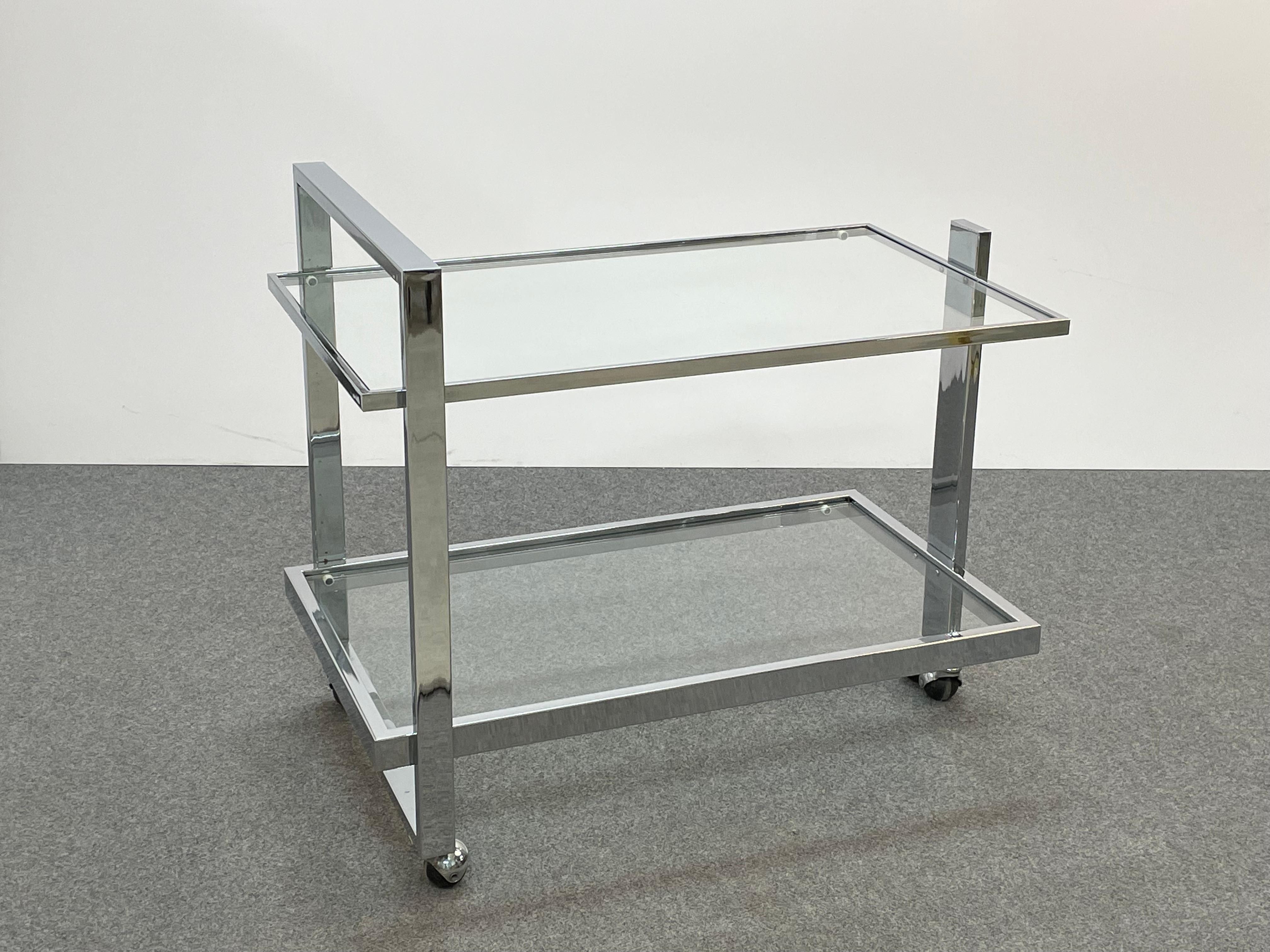 Midcentury Chromed Steel and Crystal Glass Italian Bar Cart, 1970s 11