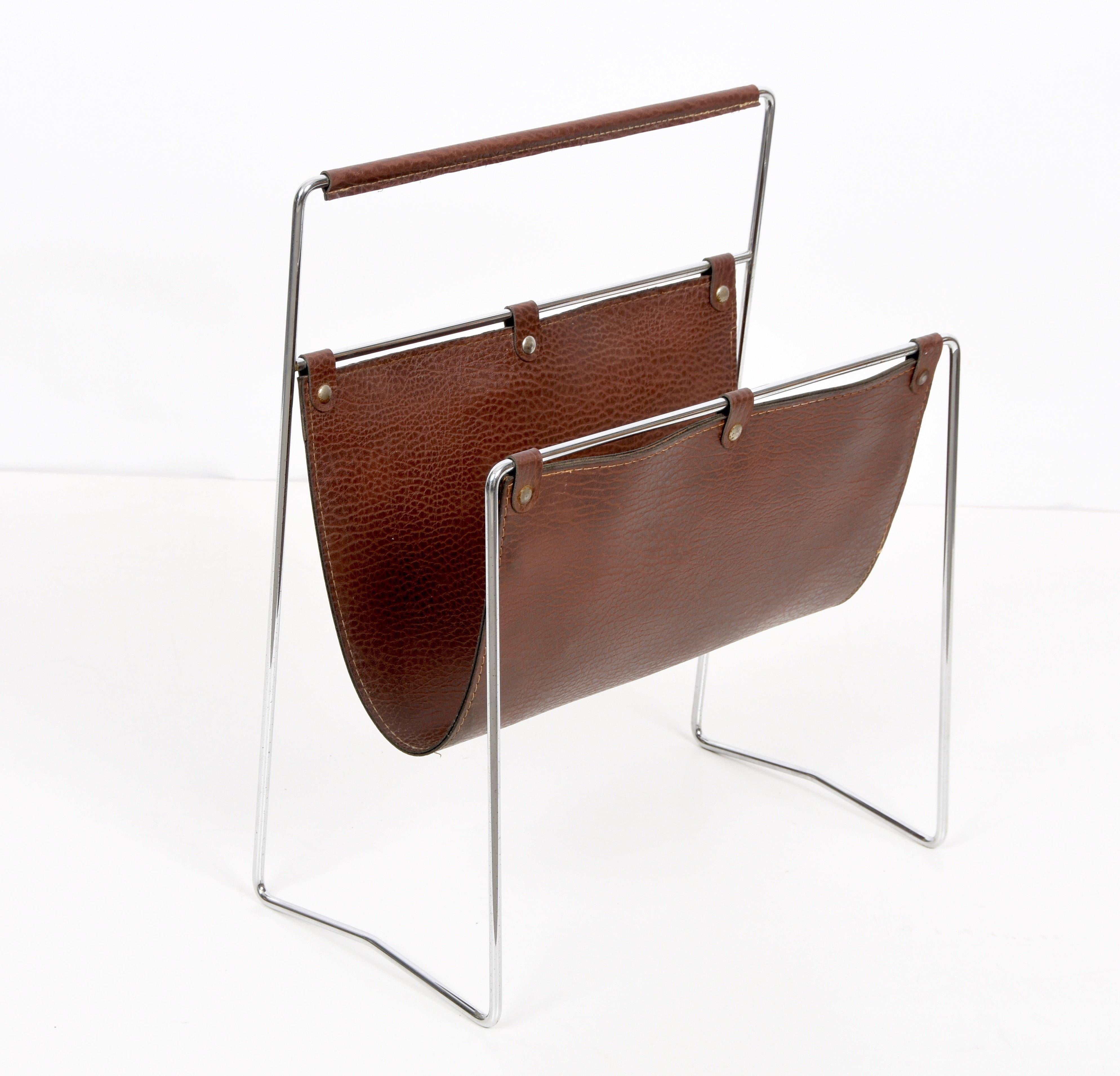 Midcentury Chromed Steel and Leather French Magazine Rack After Adnet, 1970s 7