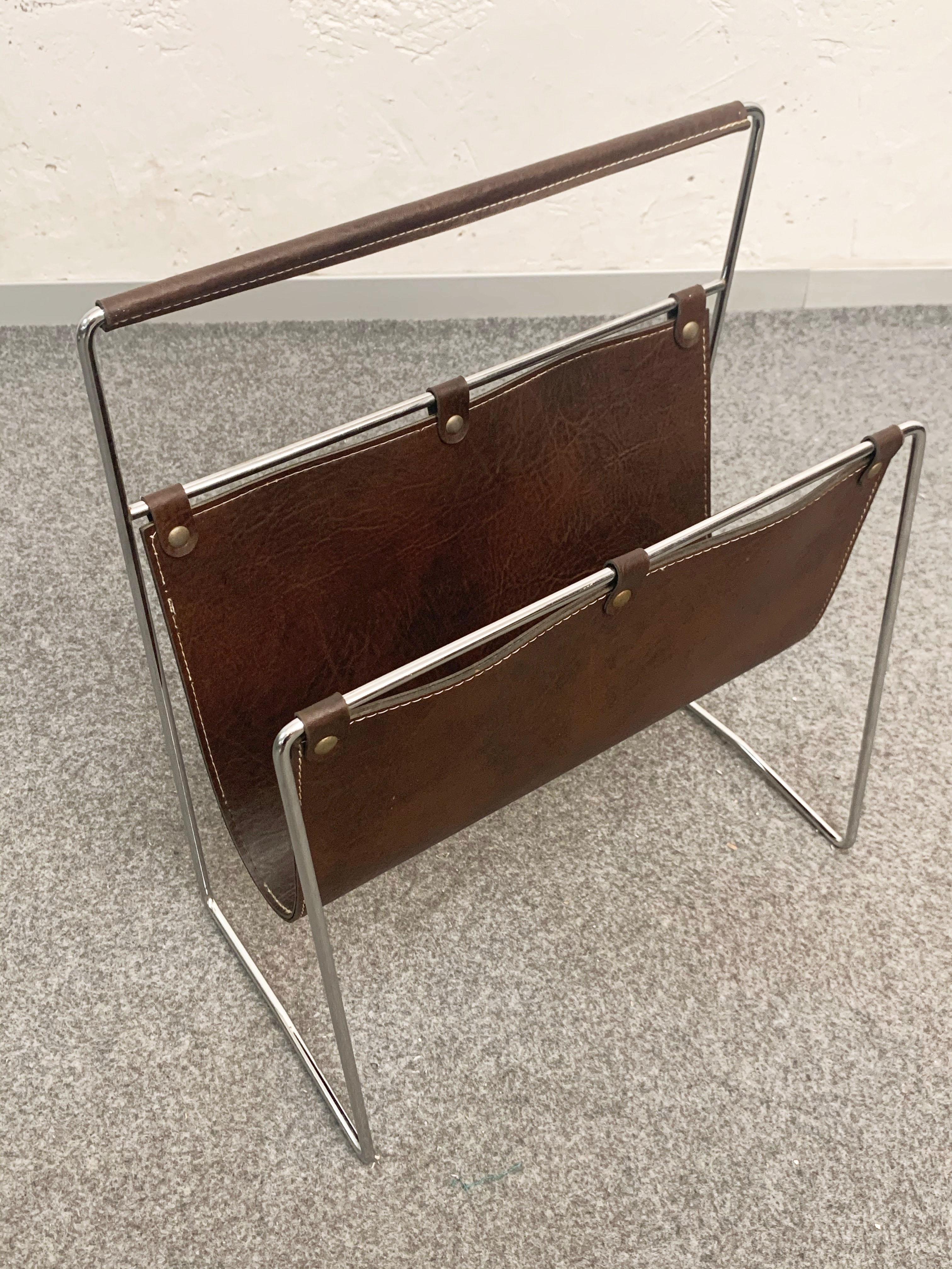 Mid-Century Modern Midcentury Chromed Steel and Leather French Magazine Rack after Adnet, 1970s