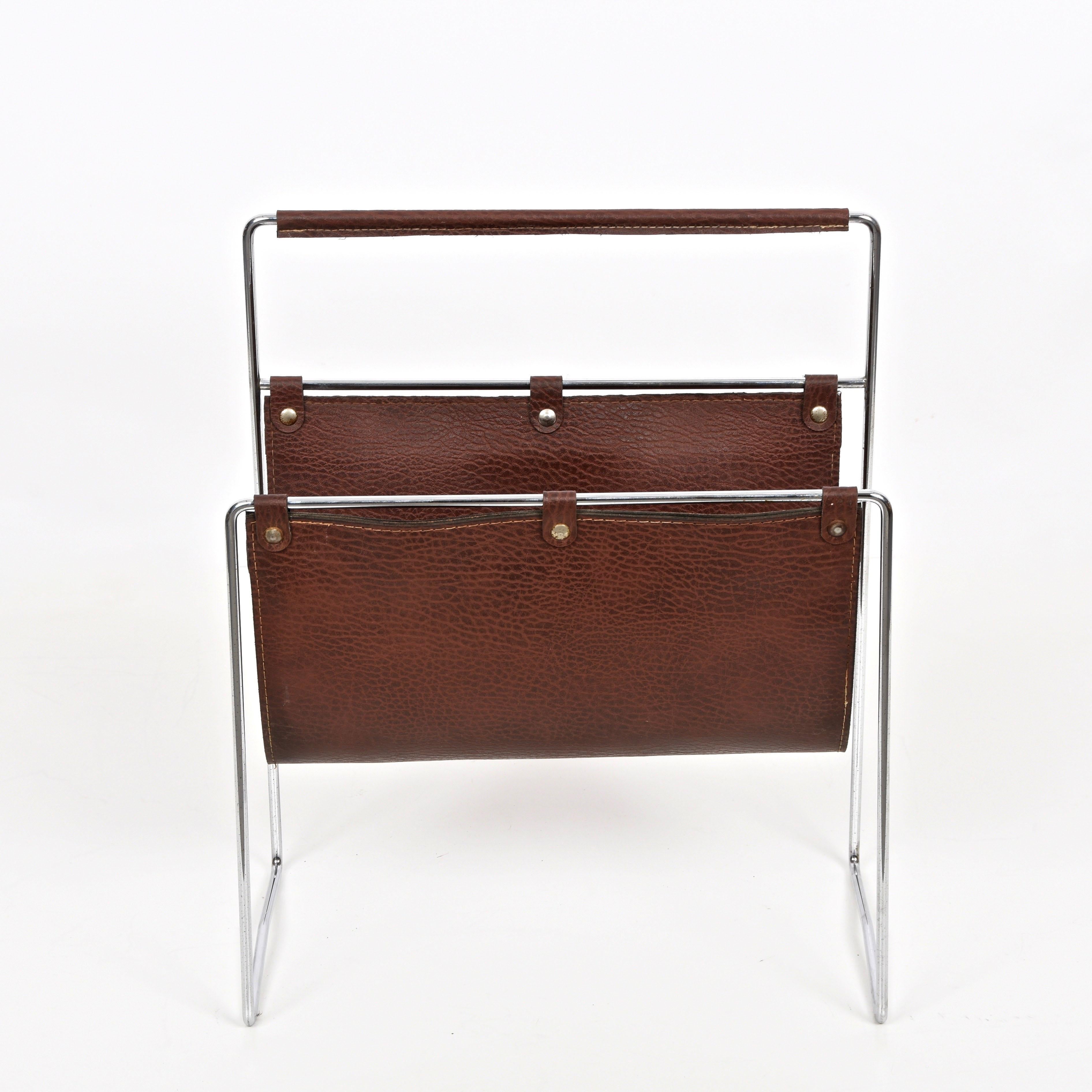 Mid-Century Modern Midcentury Chromed Steel and Leather French Magazine Rack After Adnet, 1970s