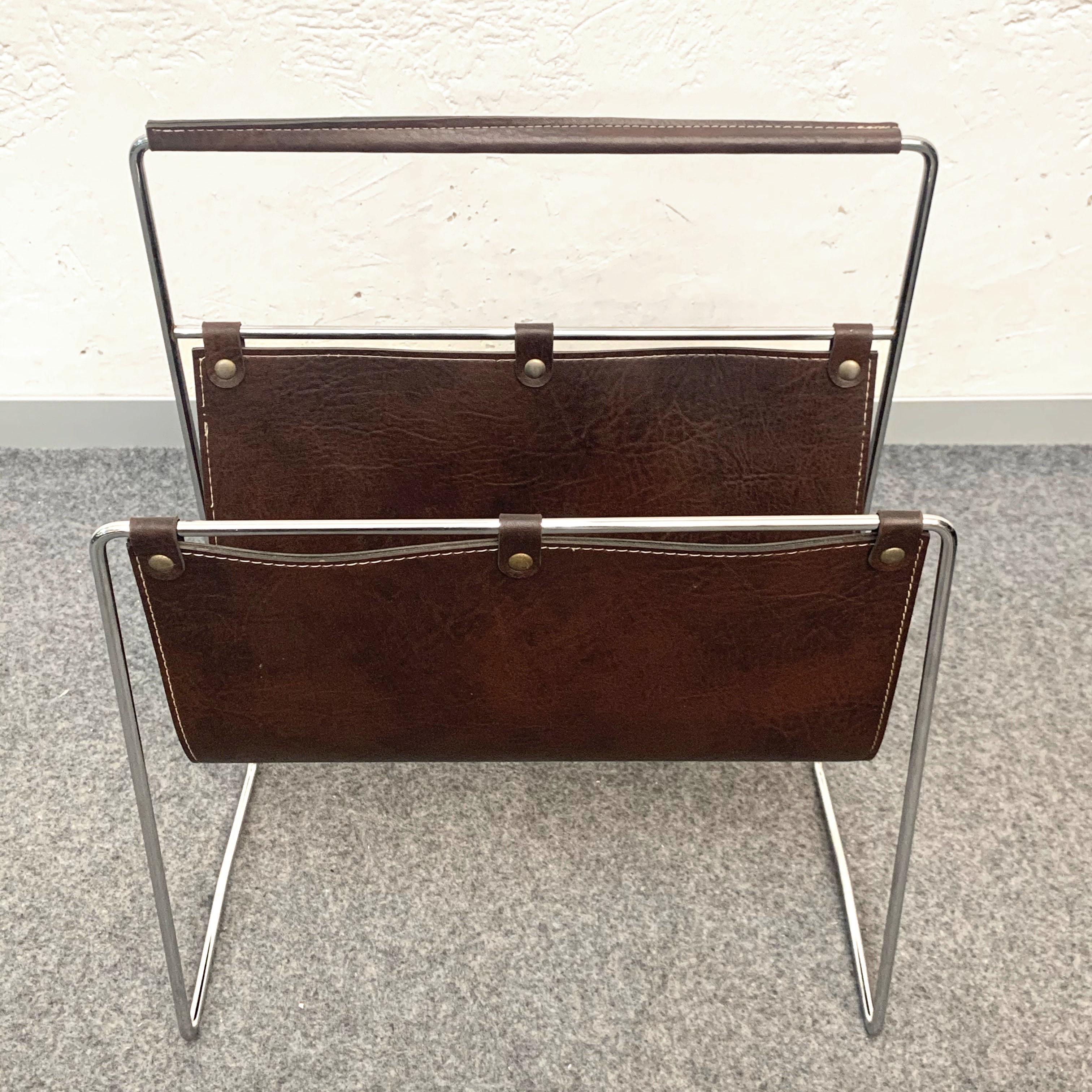 Late 20th Century Midcentury Chromed Steel and Leather French Magazine Rack after Adnet, 1970s