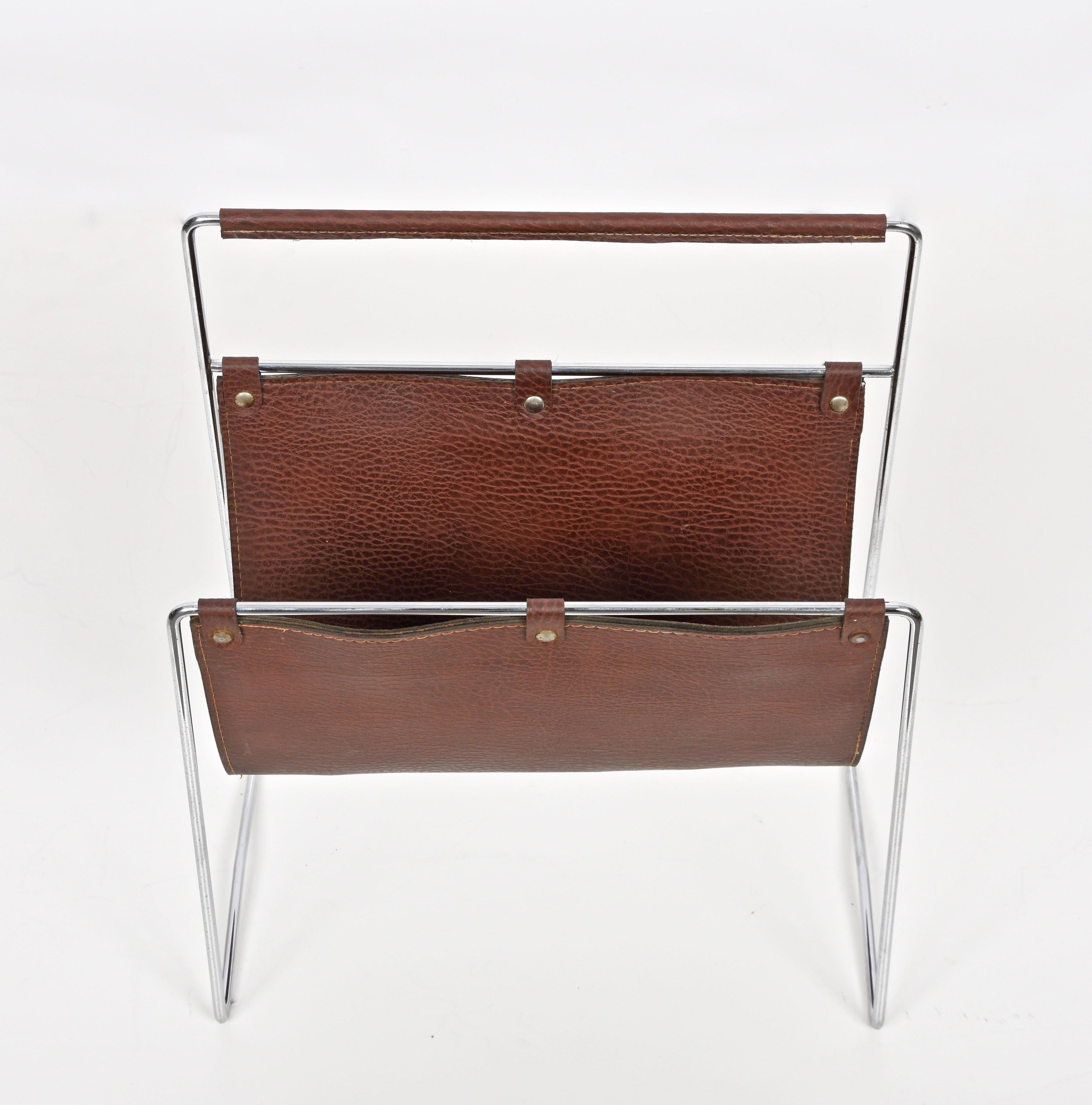 Late 20th Century Midcentury Chromed Steel and Leather French Magazine Rack After Adnet, 1970s