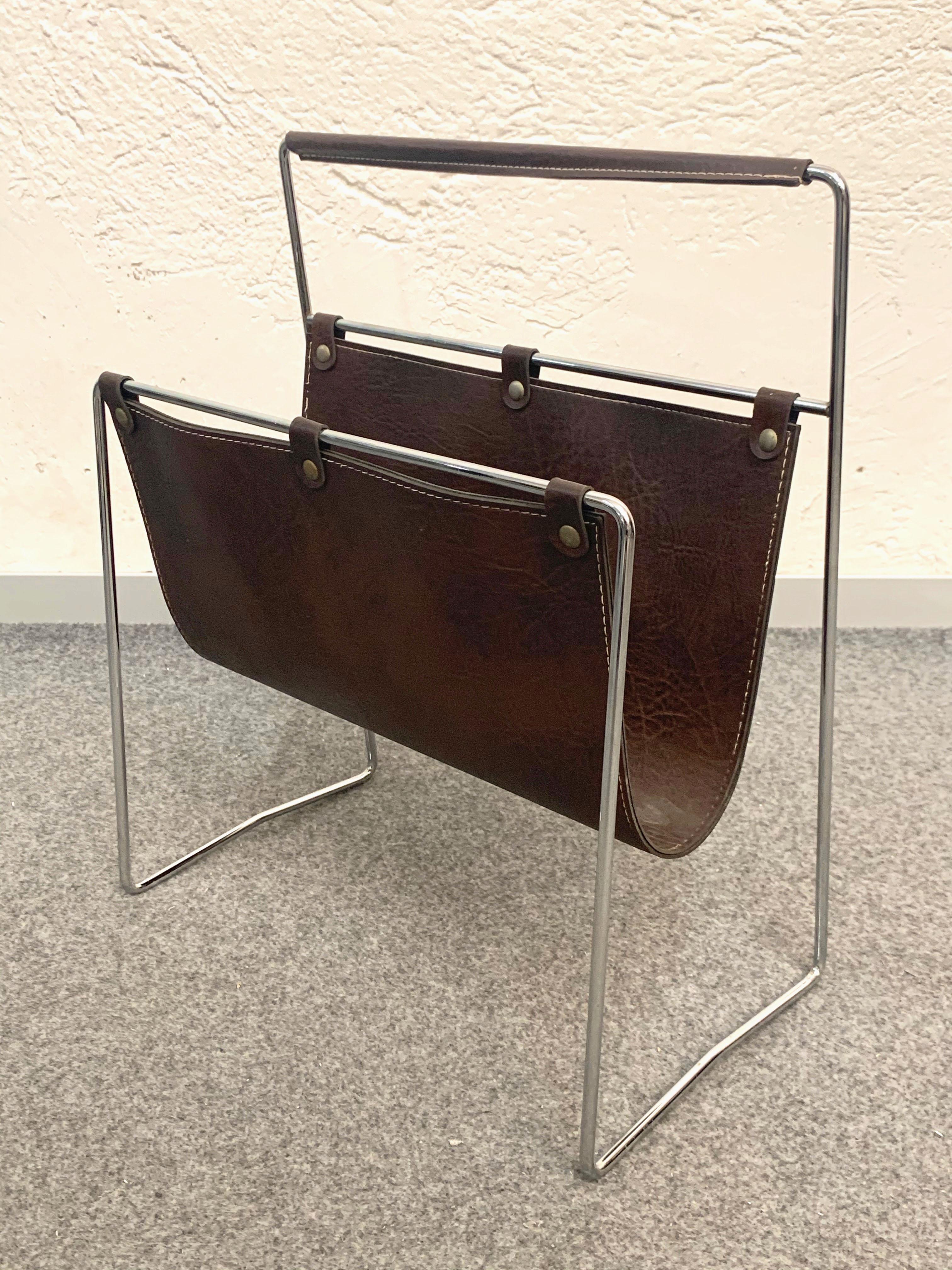 Midcentury Chromed Steel and Leather French Magazine Rack after Adnet, 1970s 1