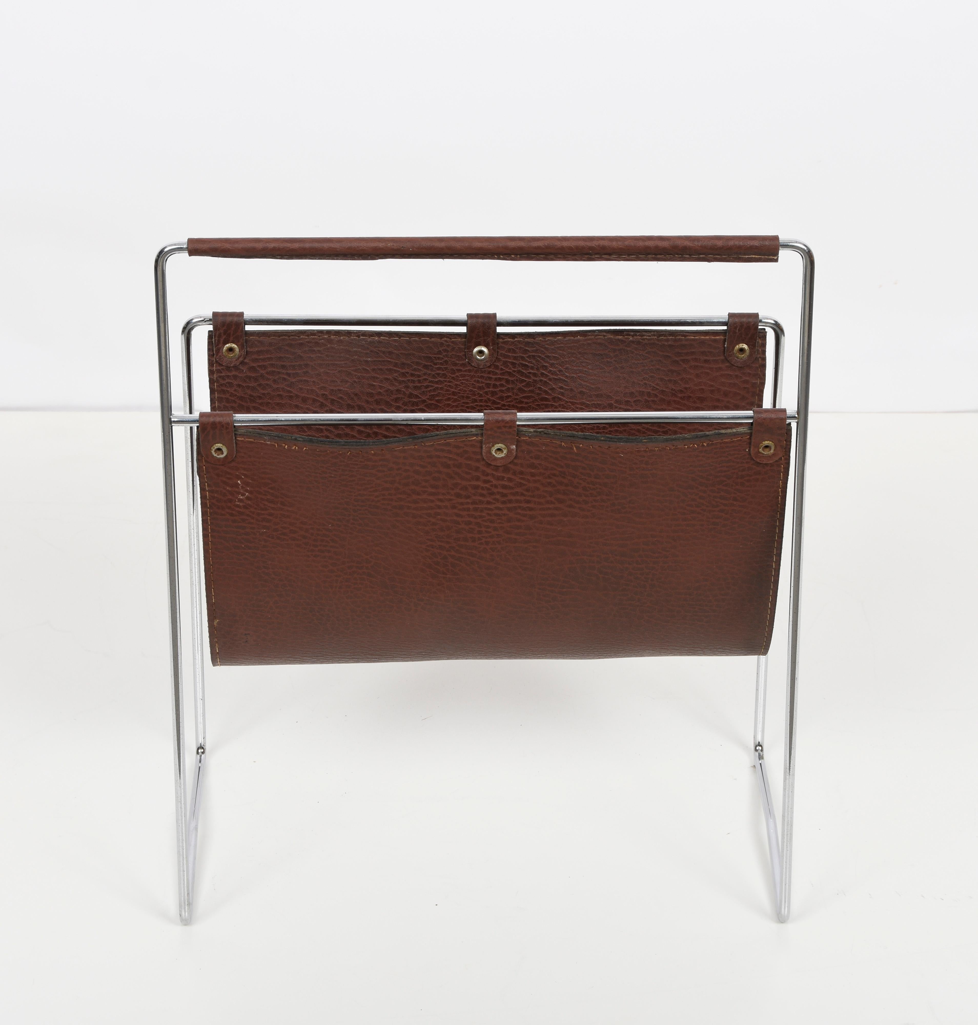 Midcentury Chromed Steel and Leather French Magazine Rack After Adnet, 1970s 1