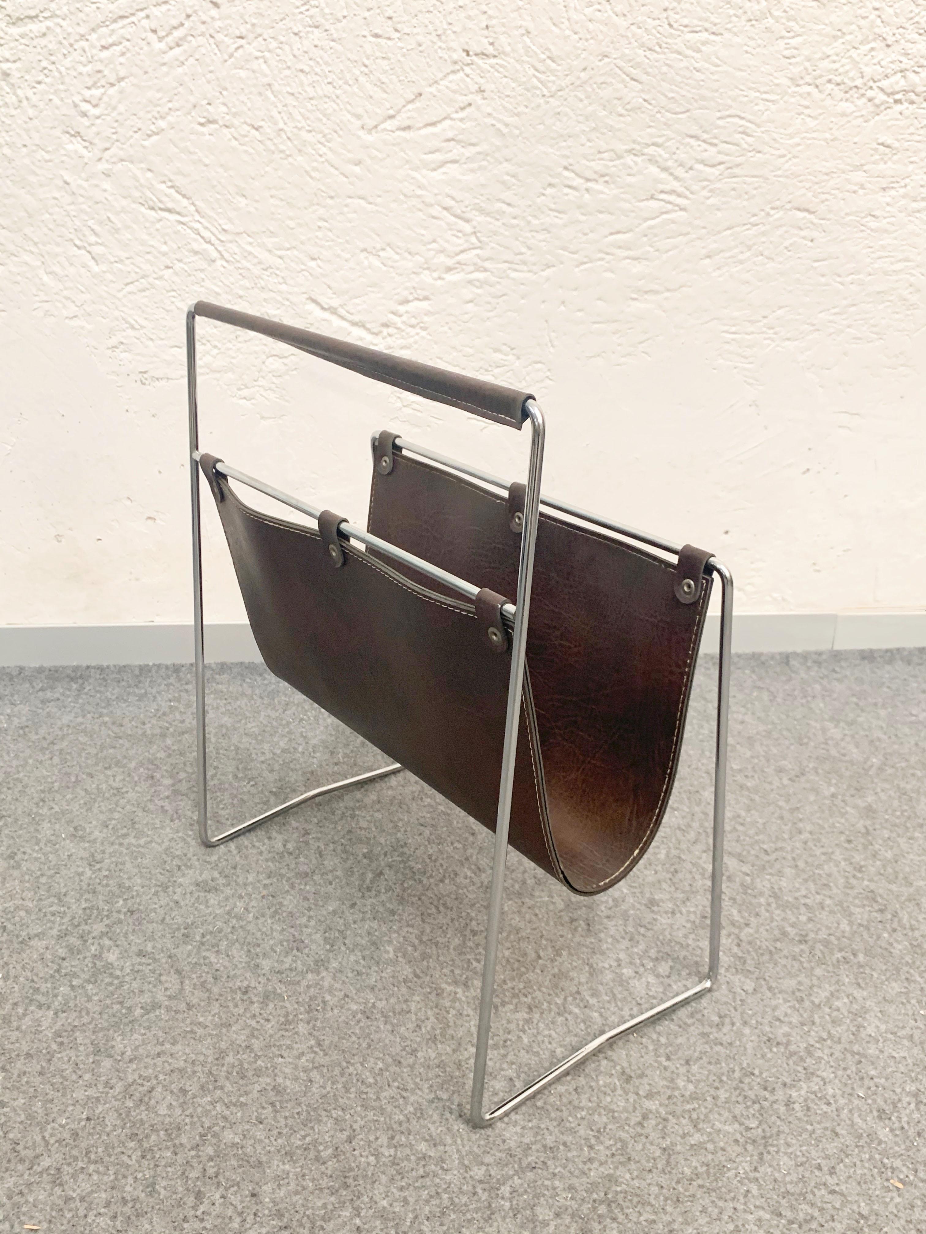 Midcentury Chromed Steel and Leather French Magazine Rack after Adnet, 1970s 2