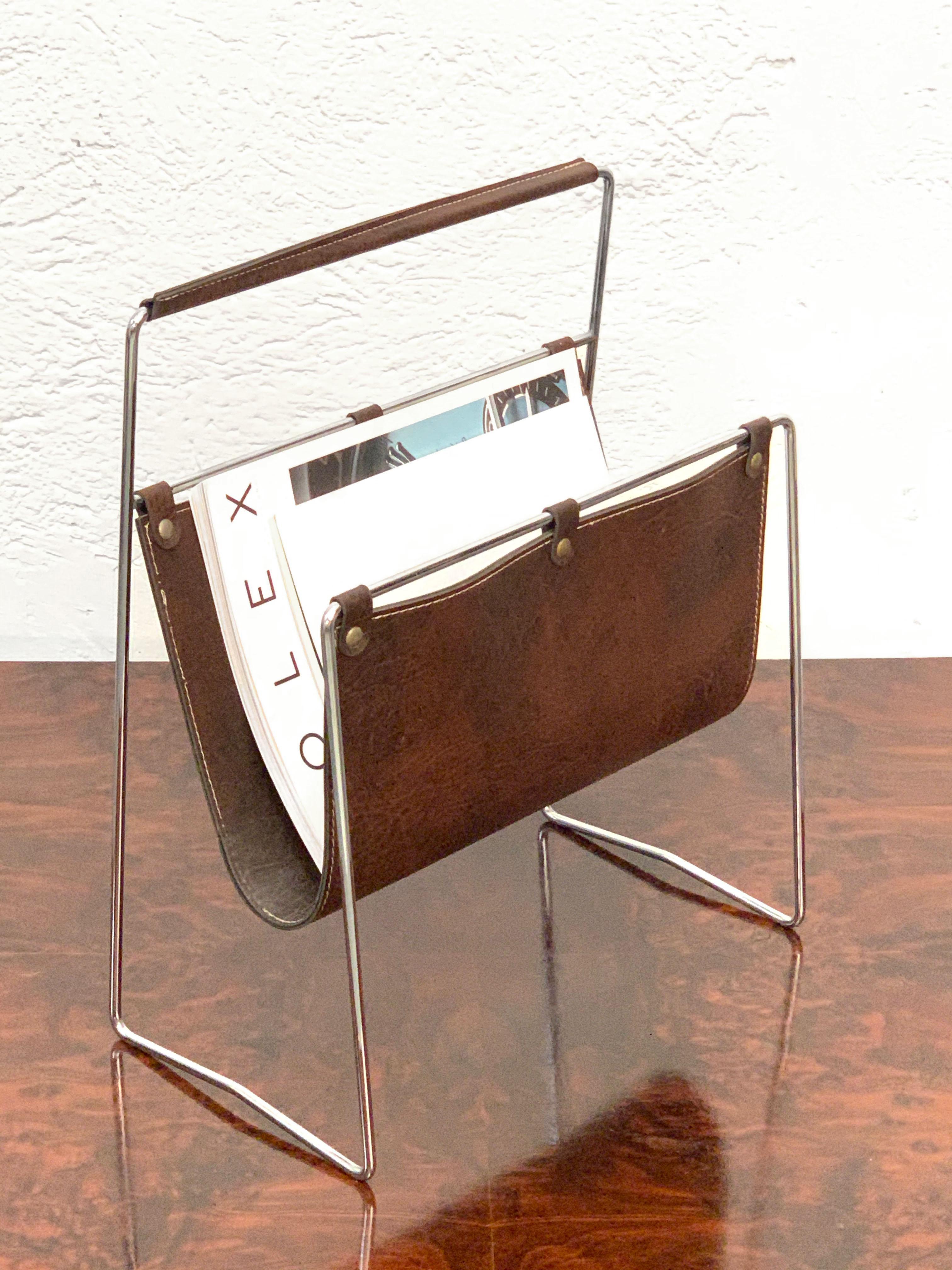 Midcentury Chromed Steel and Leather French Magazine Rack after Adnet, 1970s 3