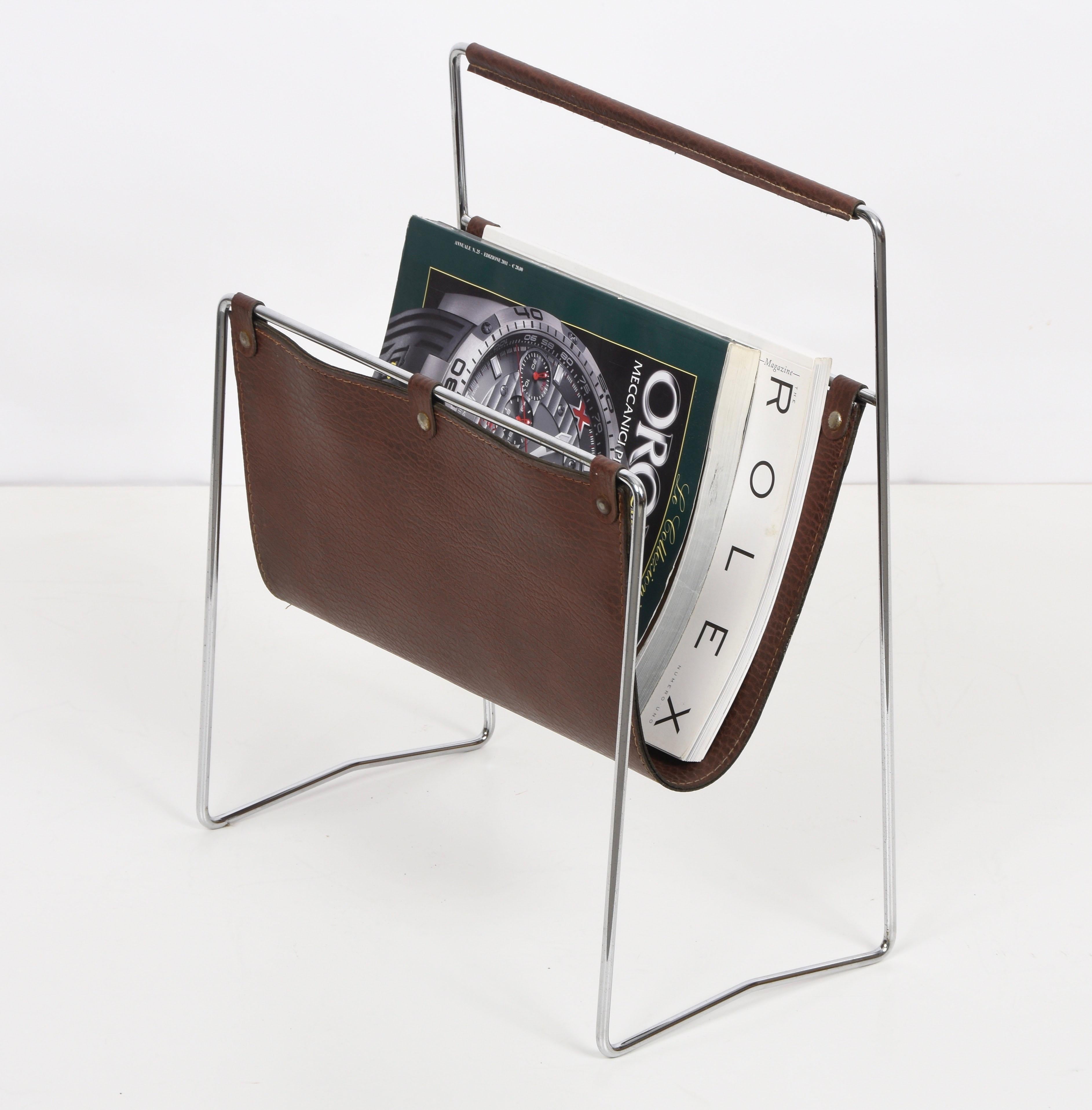 Midcentury Chromed Steel and Leather French Magazine Rack After Adnet, 1970s 3