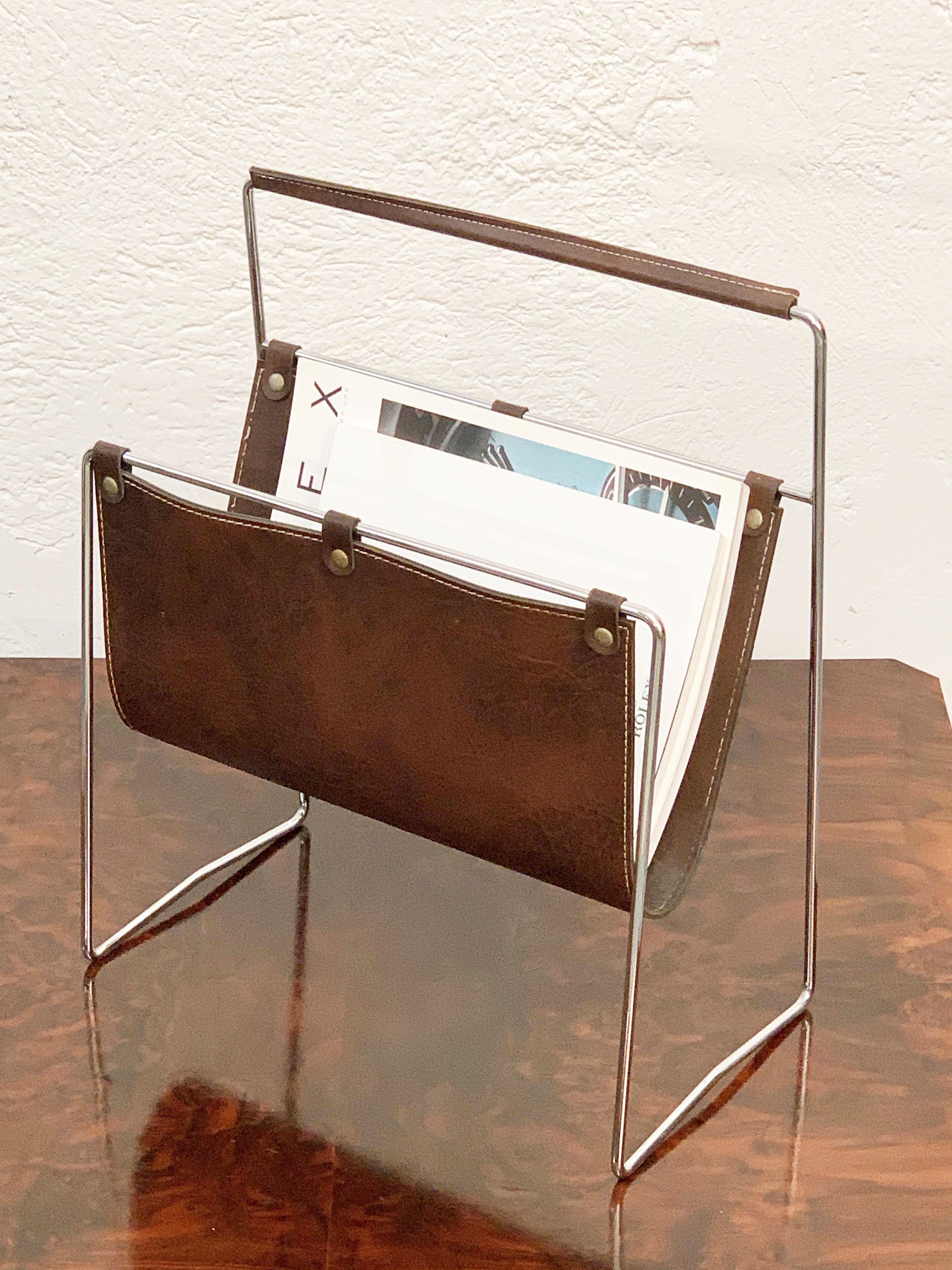 Midcentury Chromed Steel and Leather French Magazine Rack after Adnet, 1970s 4