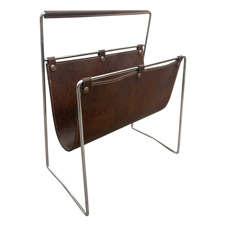 Midcentury Chromed Steel and Leather French Magazine Rack after