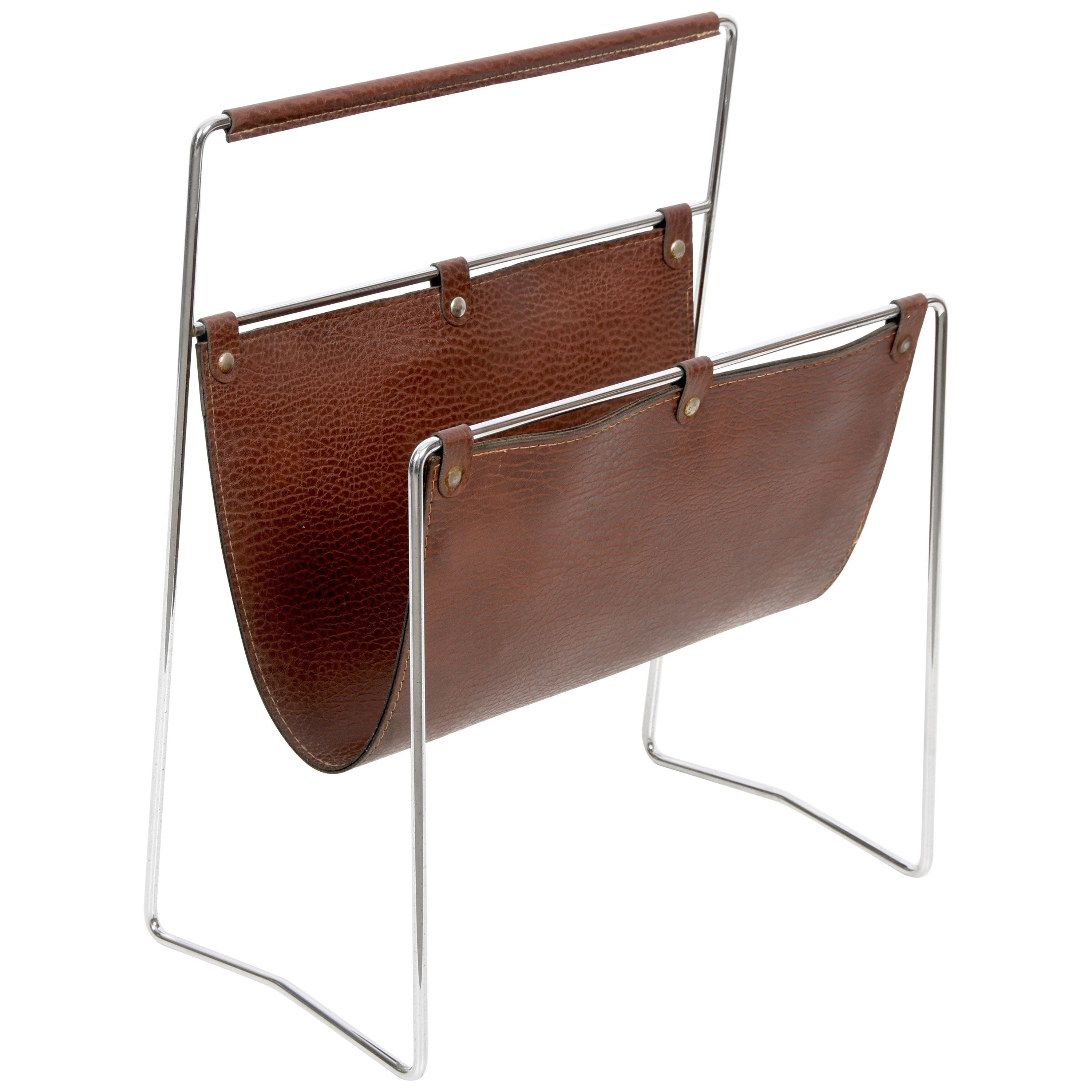 Midcentury Chromed Steel and Leather French Magazine Rack After Adnet, 1970s