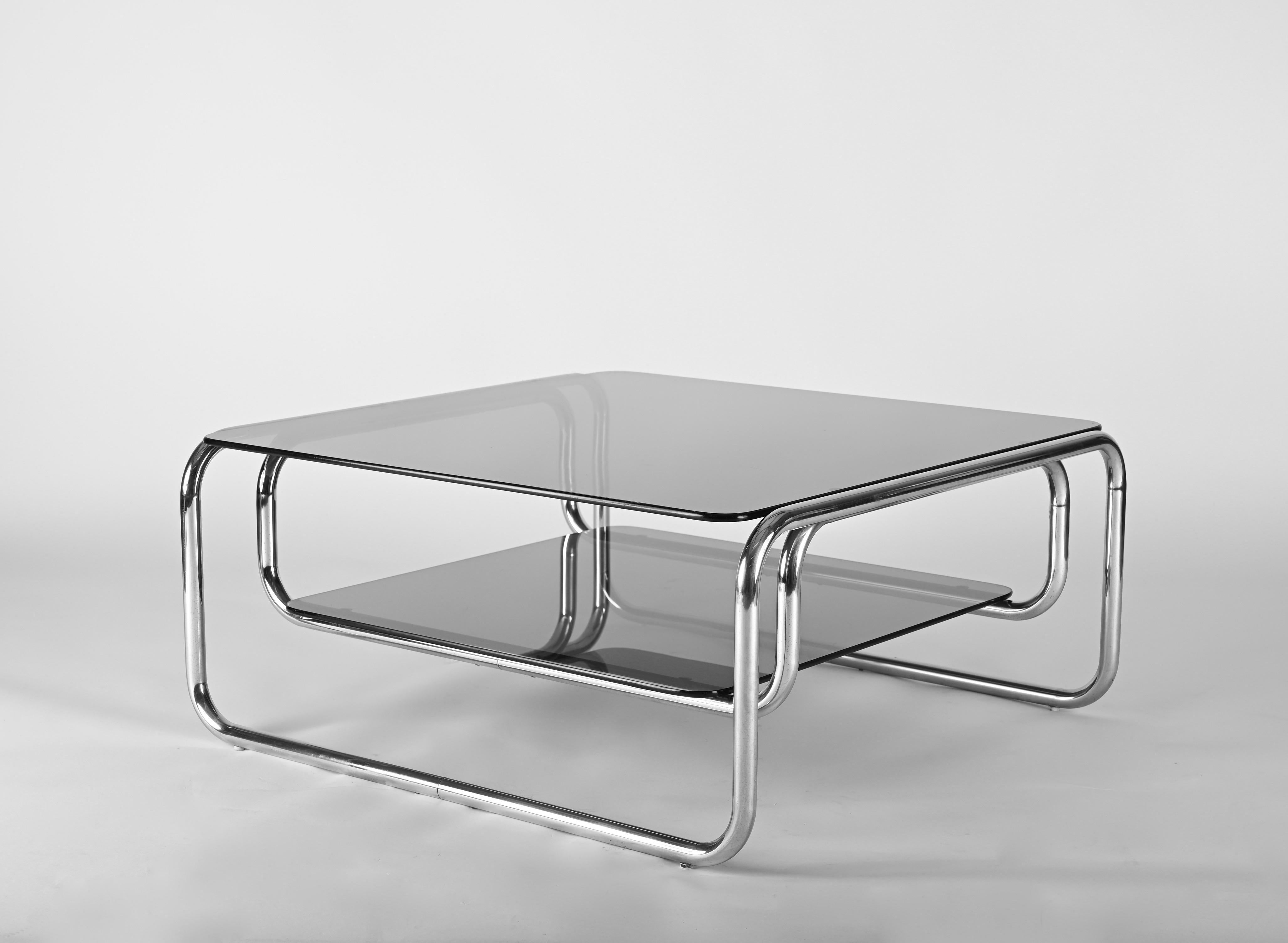 Midcentury Chromed Steel Italian Coffee Table with Smoked Glasses, Cassina 1970s 7