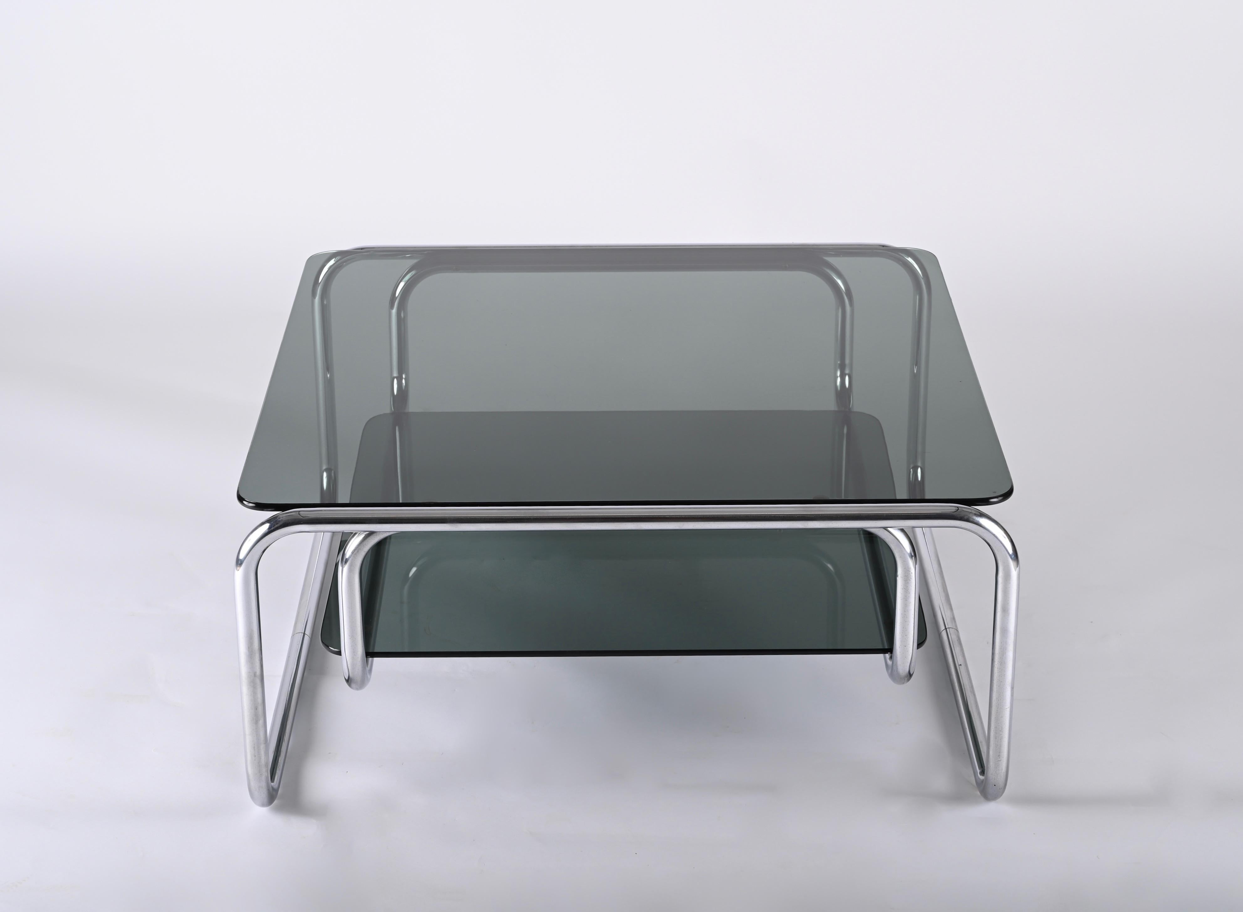 Midcentury Chromed Steel Italian Coffee Table with Smoked Glasses, Cassina 1970s 8