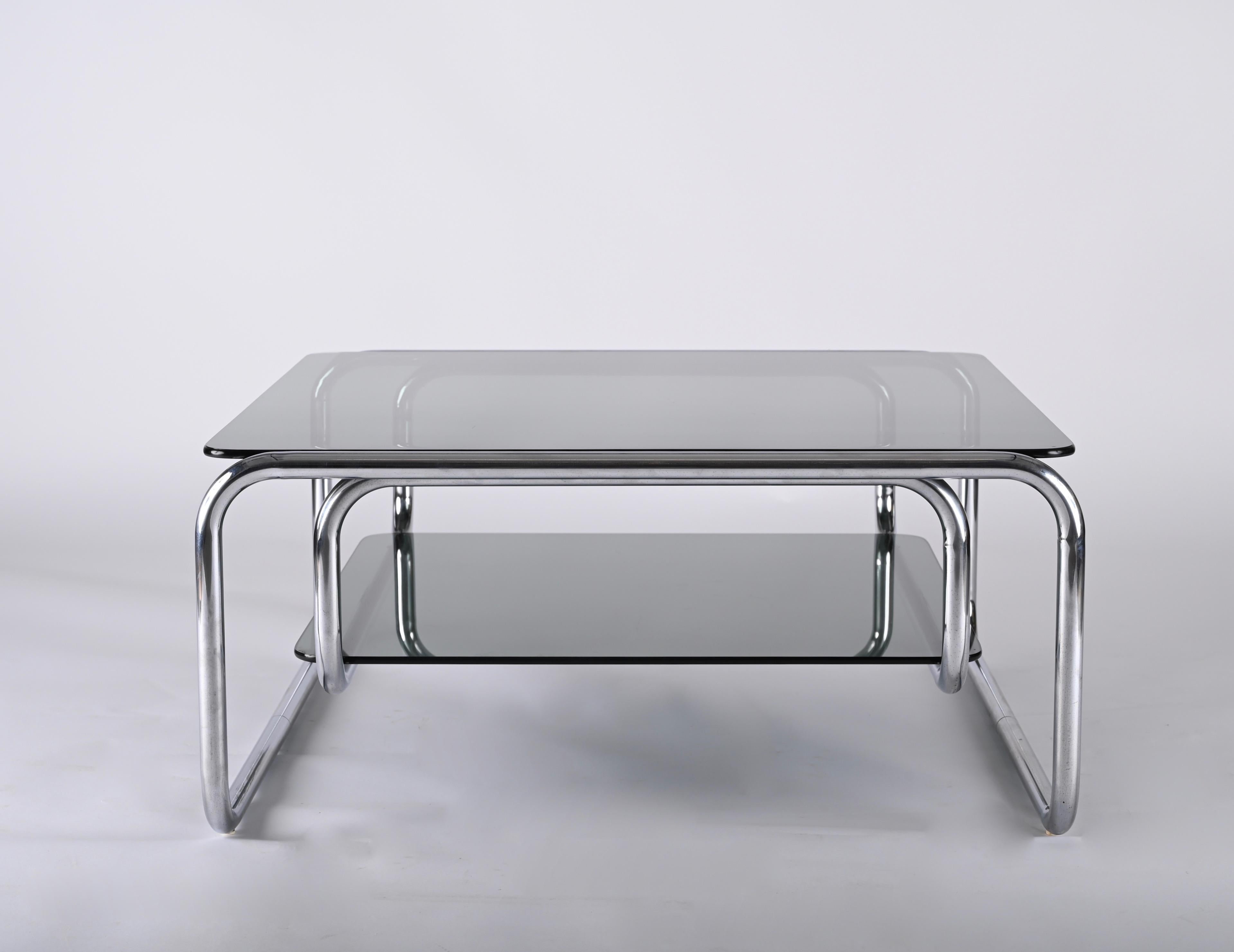 Midcentury Chromed Steel Italian Coffee Table with Smoked Glasses, Cassina 1970s 9