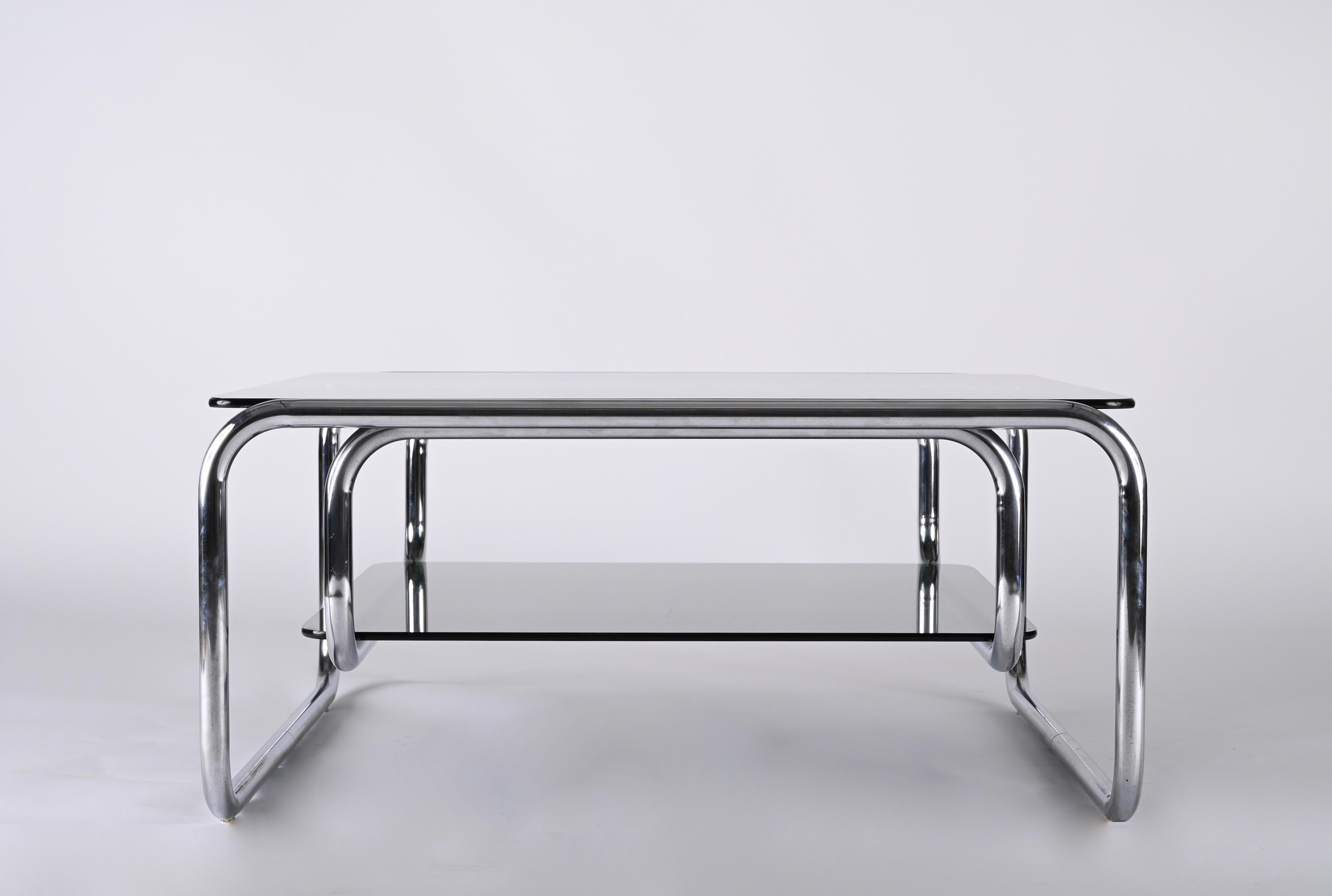 Midcentury Chromed Steel Italian Coffee Table with Smoked Glasses, Cassina 1970s 10