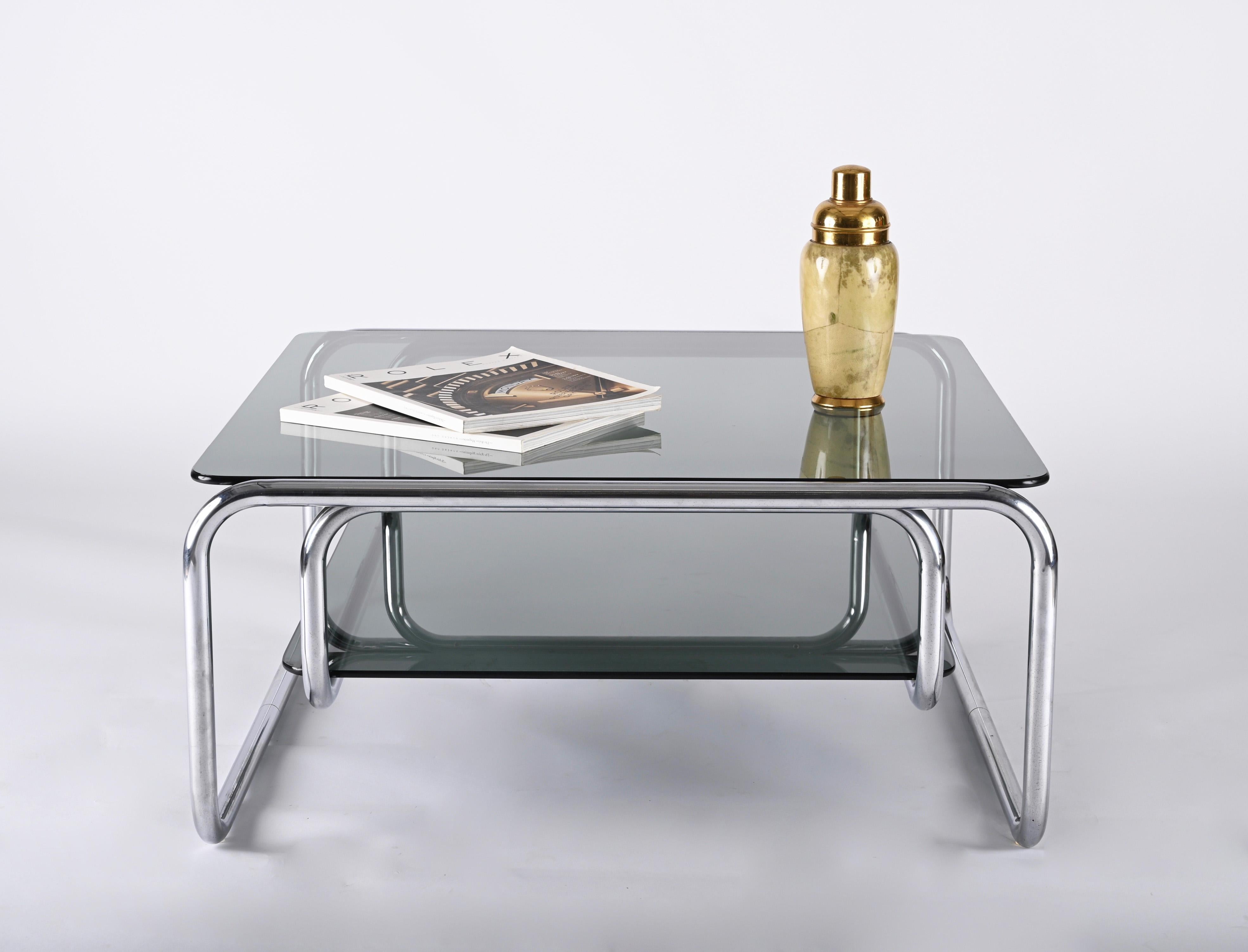 Midcentury Chromed Steel Italian Coffee Table with Smoked Glasses, Cassina 1970s 11
