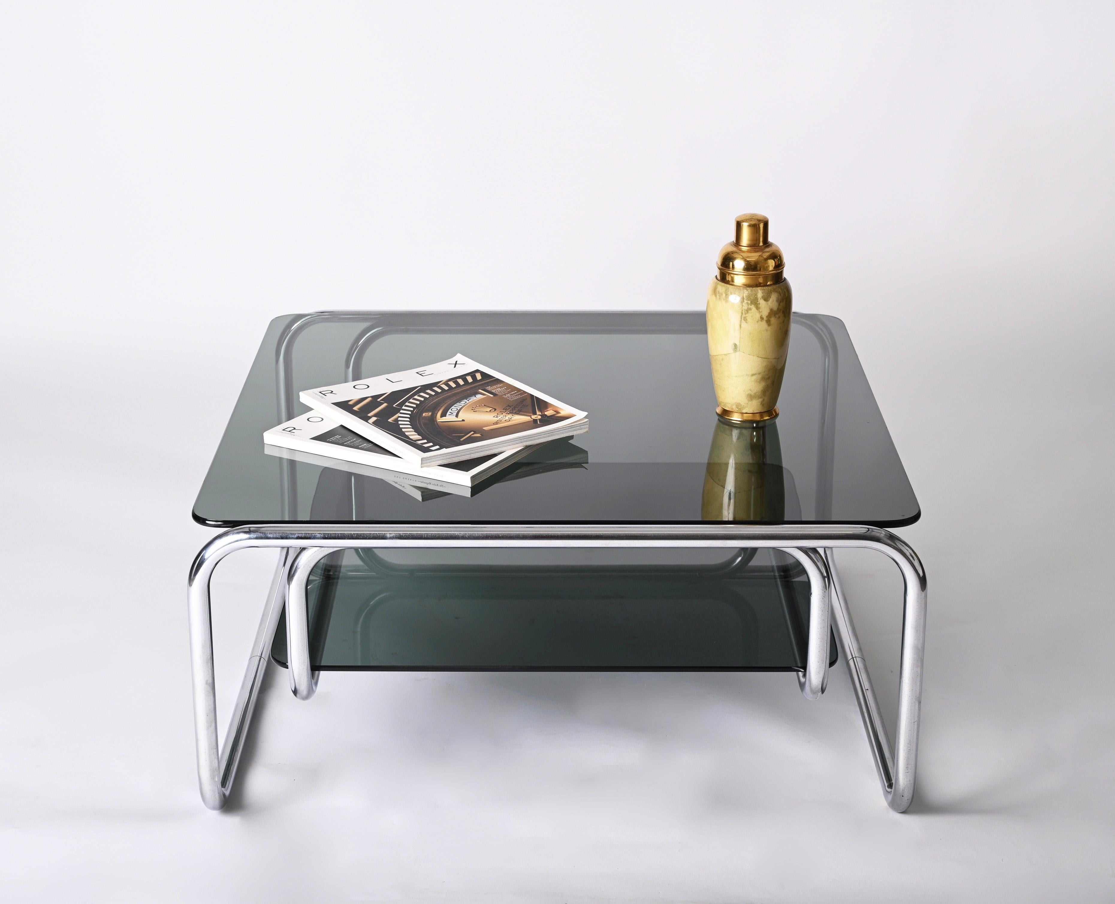 Late 20th Century Midcentury Chromed Steel Italian Coffee Table with Smoked Glasses, Cassina 1970s