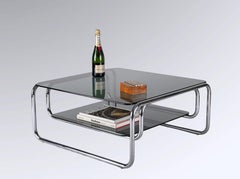 Mesa de centro italiana de mediados de siglo en acero cromado con cristales ahumados, Cassina Años 70
