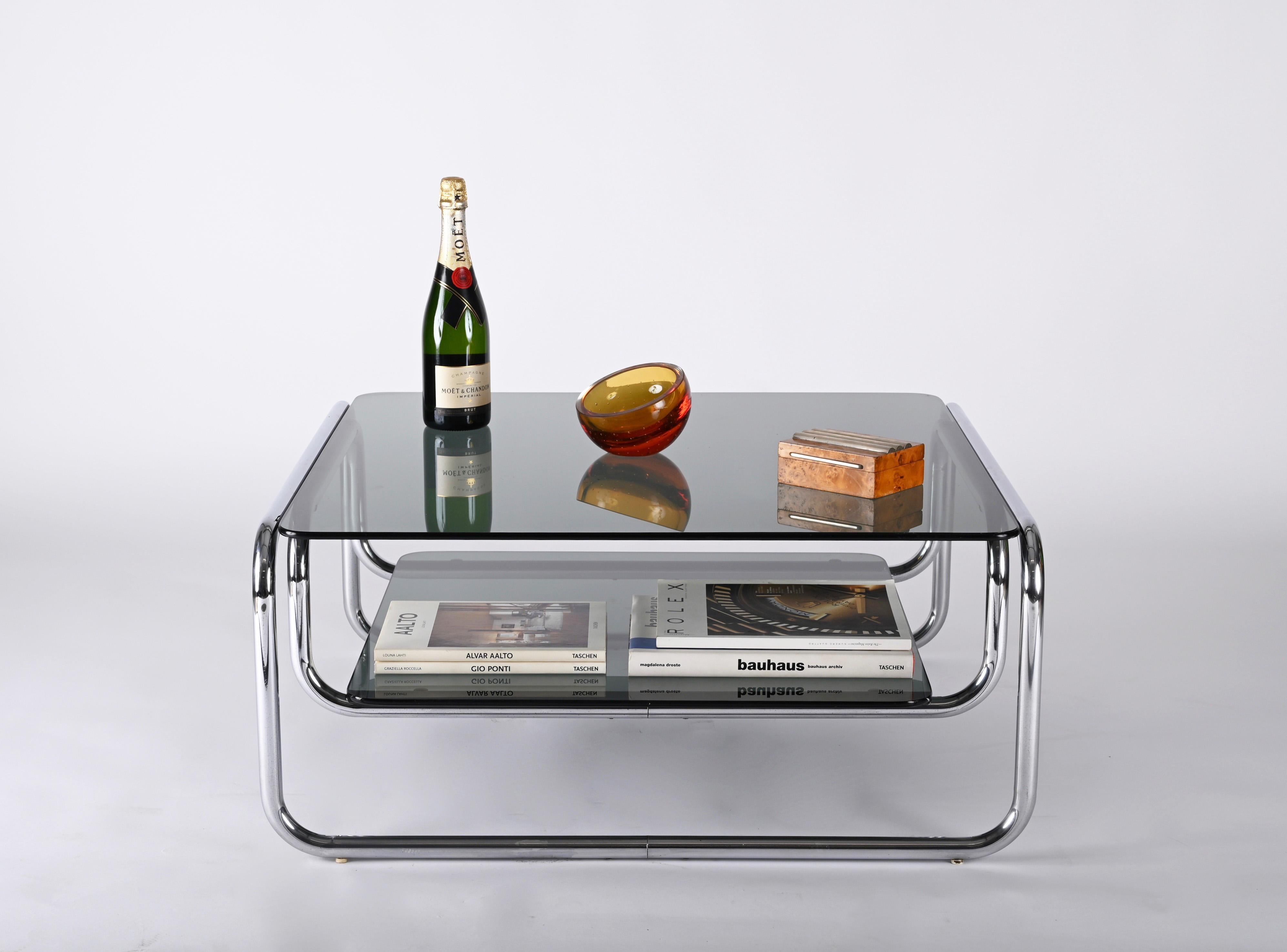 Midcentury Chromed Steel Italian Coffee Table with Smoked Glasses, Cassina 1970s 12