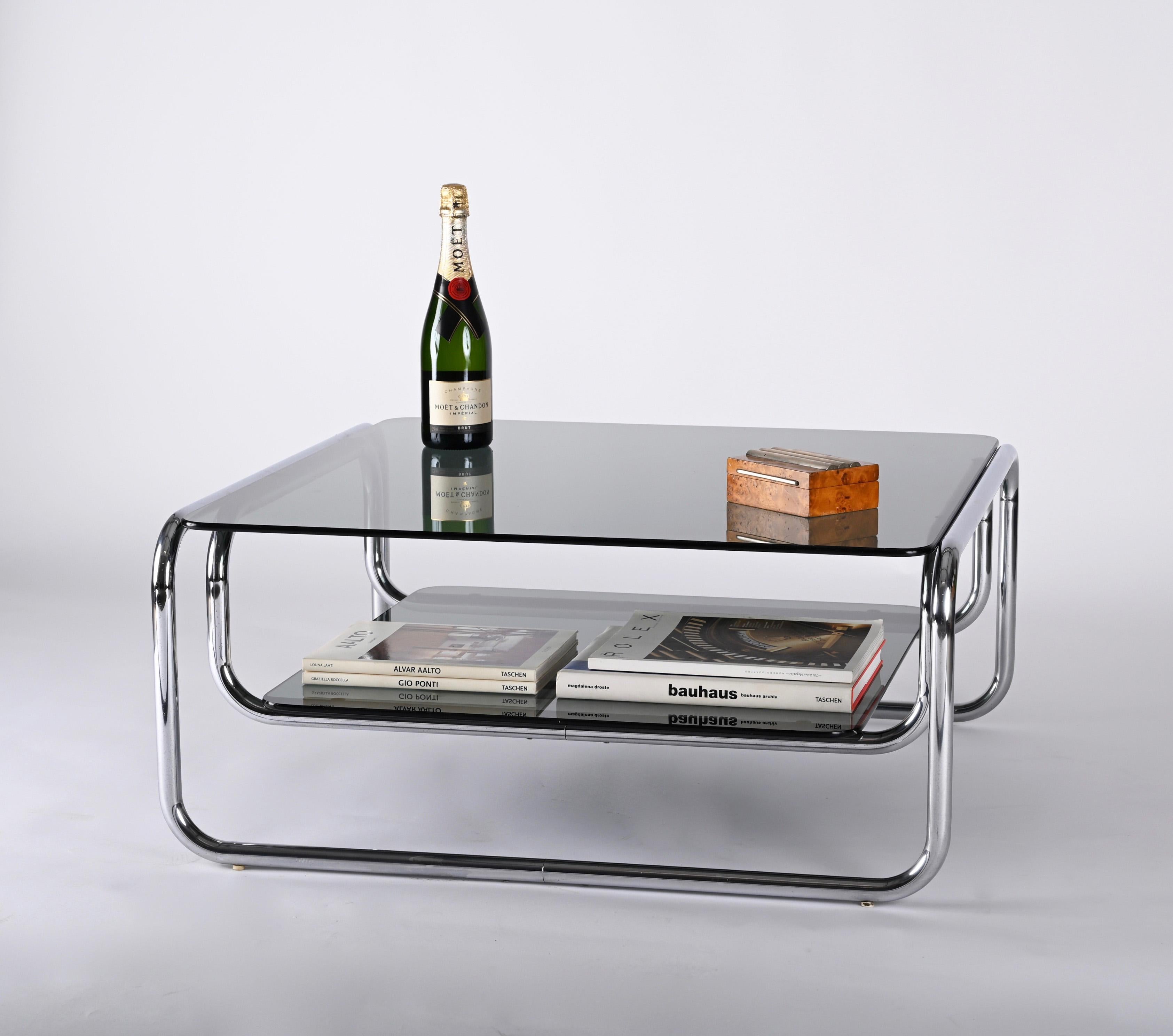 Midcentury Chromed Steel Italian Coffee Table with Smoked Glasses, Cassina 1970s 13