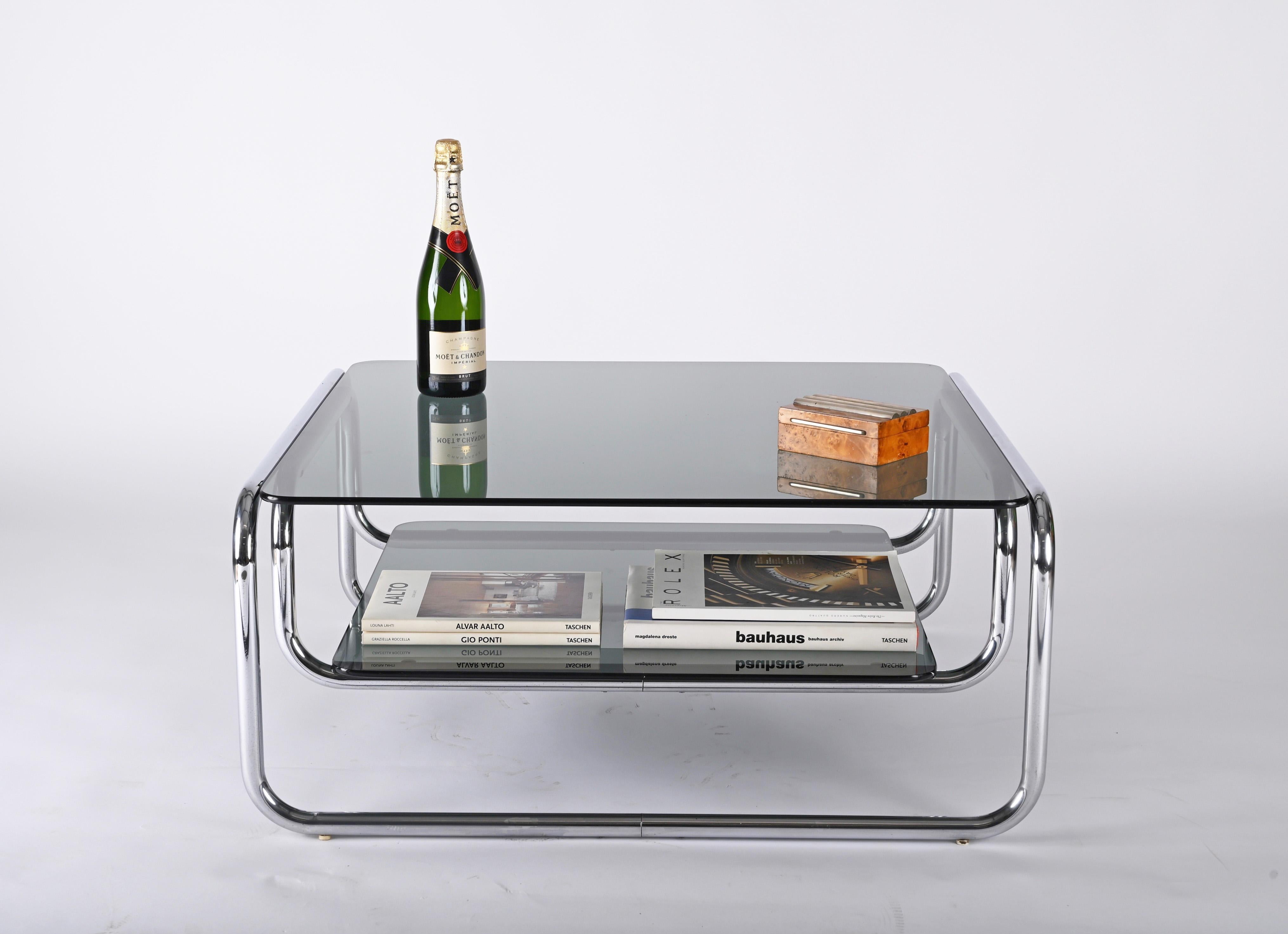 Midcentury Chromed Steel Italian Coffee Table with Smoked Glasses, Cassina 1970s 14