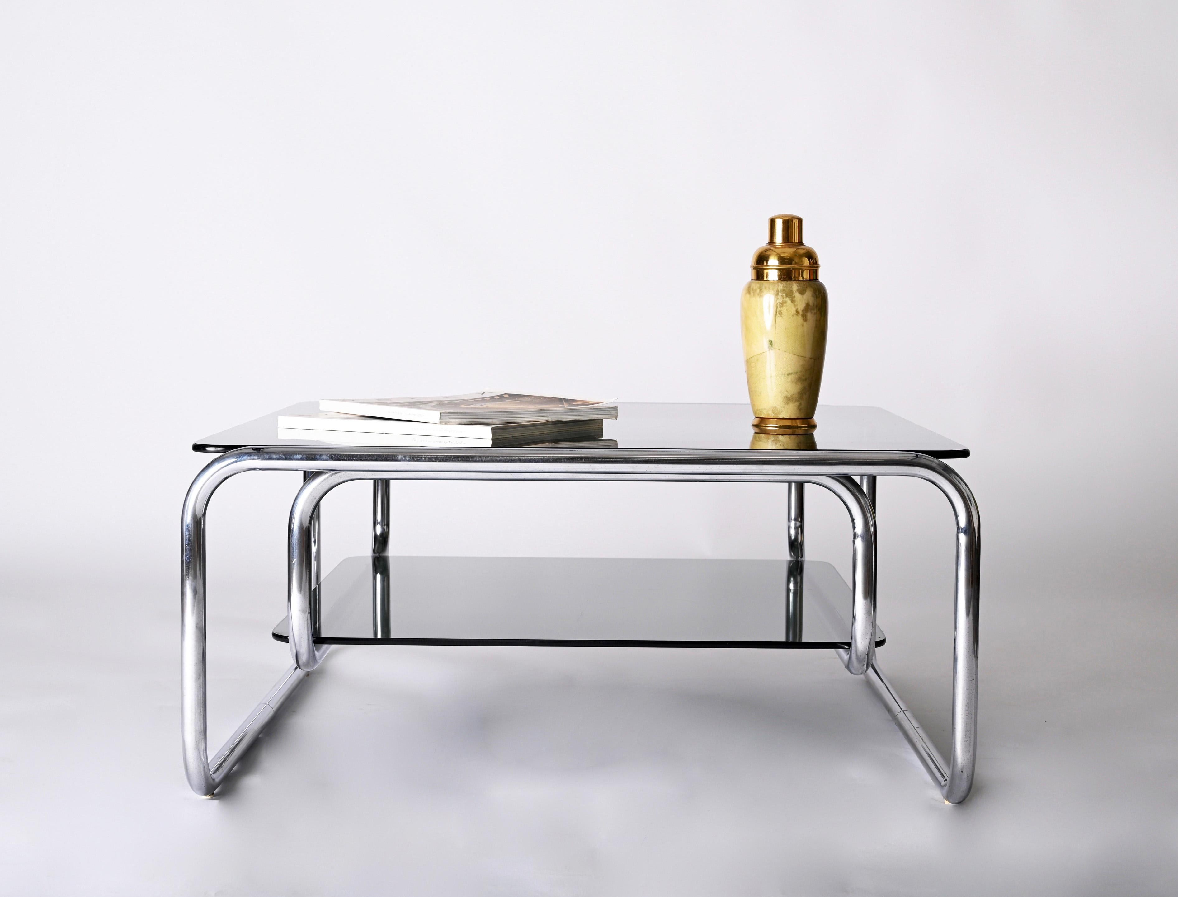 Midcentury Chromed Steel Italian Coffee Table with Smoked Glasses, Cassina 1970s 15