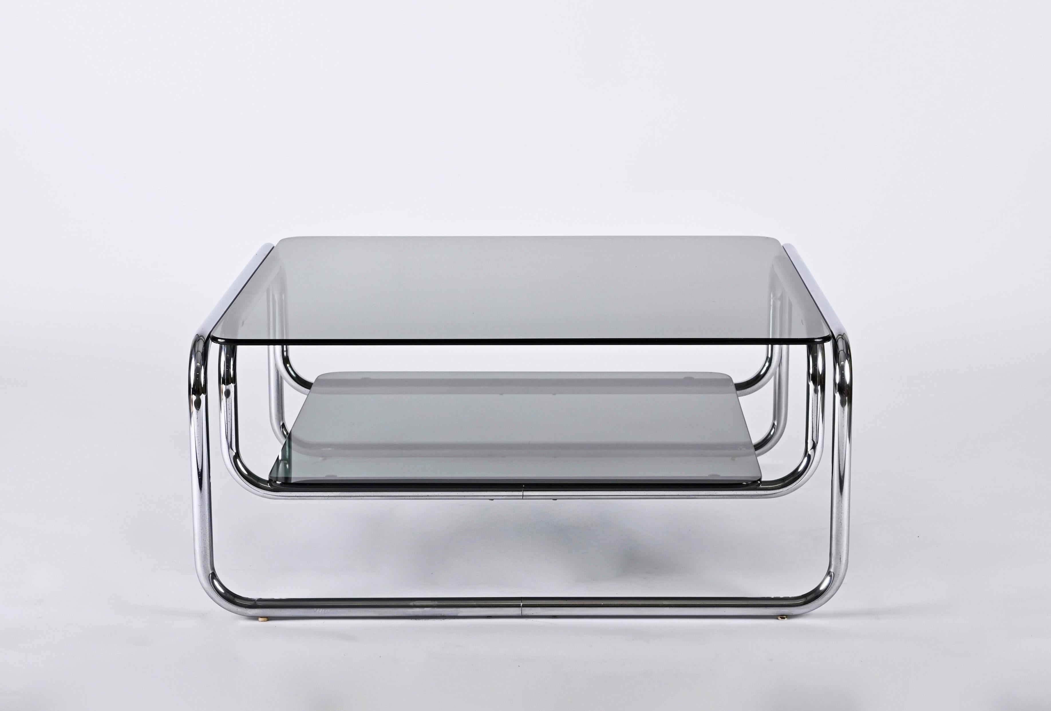 Midcentury Chromed Steel Italian Coffee Table with Smoked Glasses, Cassina 1970s 1