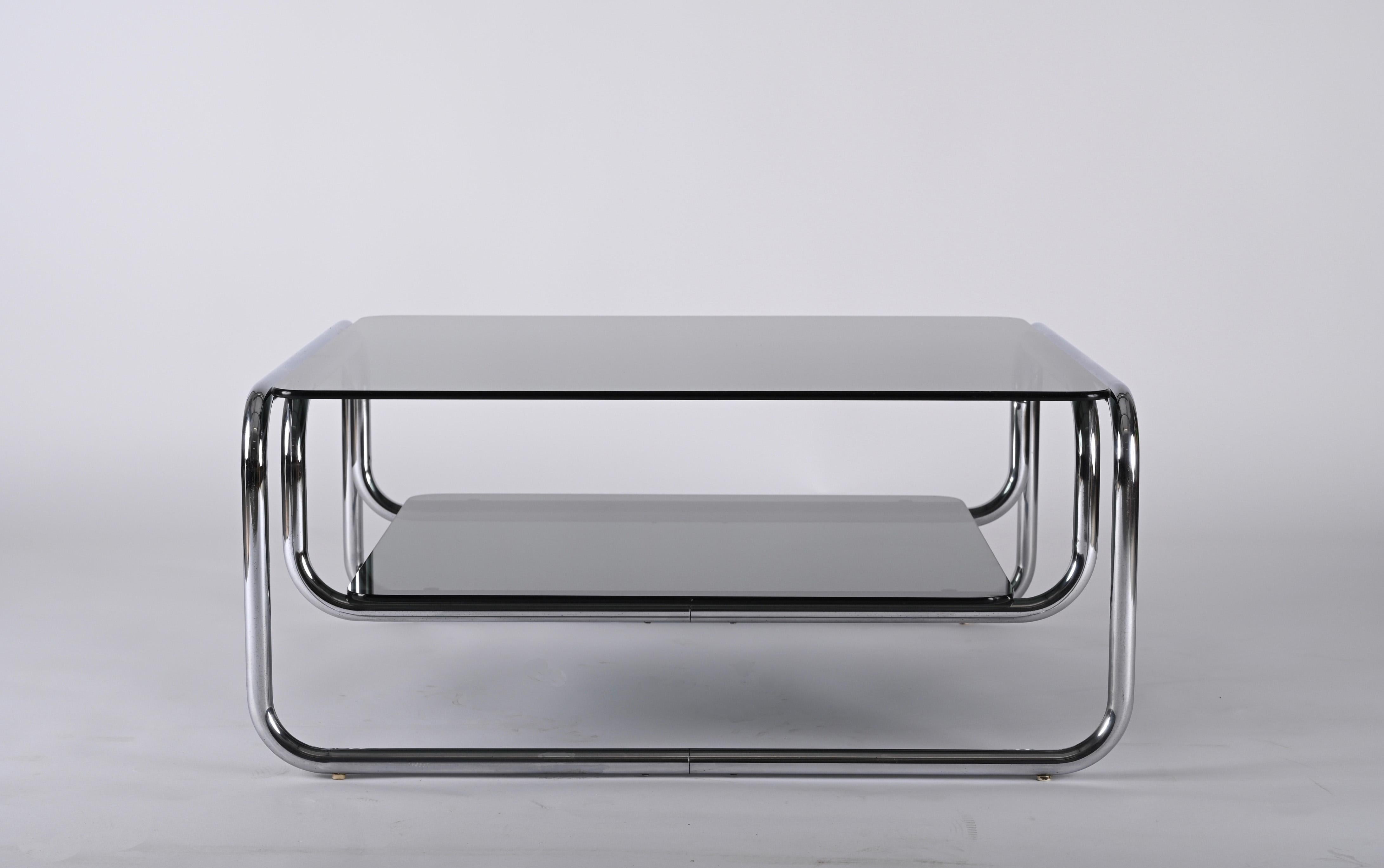 Midcentury Chromed Steel Italian Coffee Table with Smoked Glasses, Cassina 1970s 4