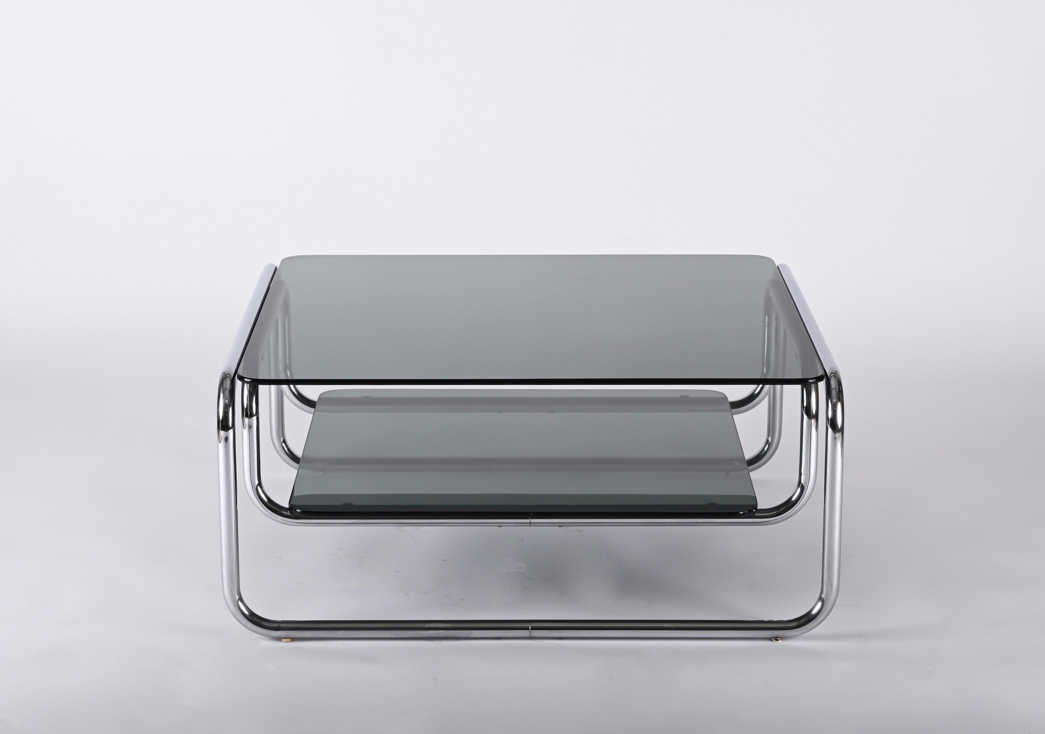 Midcentury Chromed Steel Italian Coffee Table with Smoked Glasses, Cassina 1970s 5