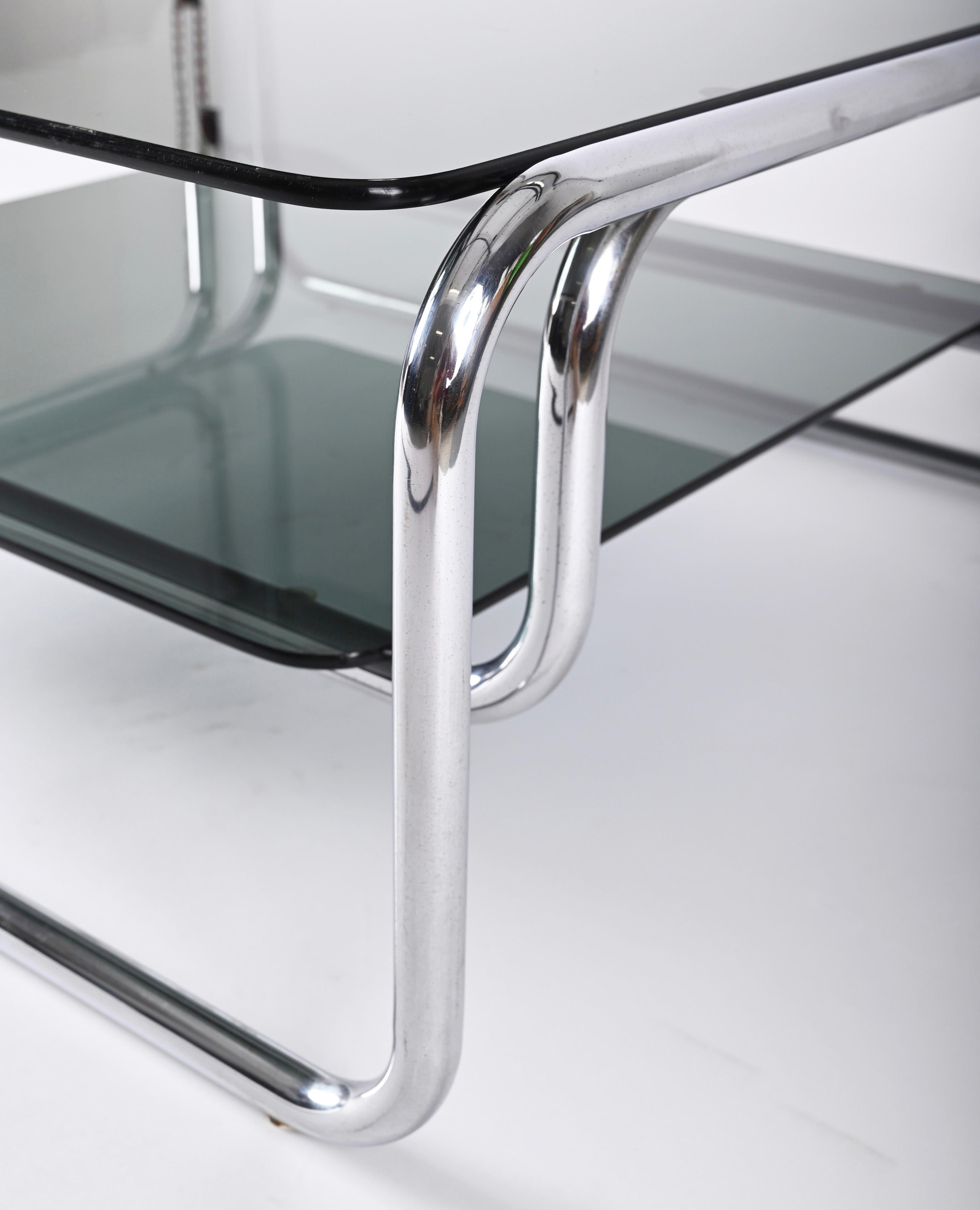 Midcentury Chromed Steel Italian Coffee Table with Smoked Glasses, Cassina 1970s 6