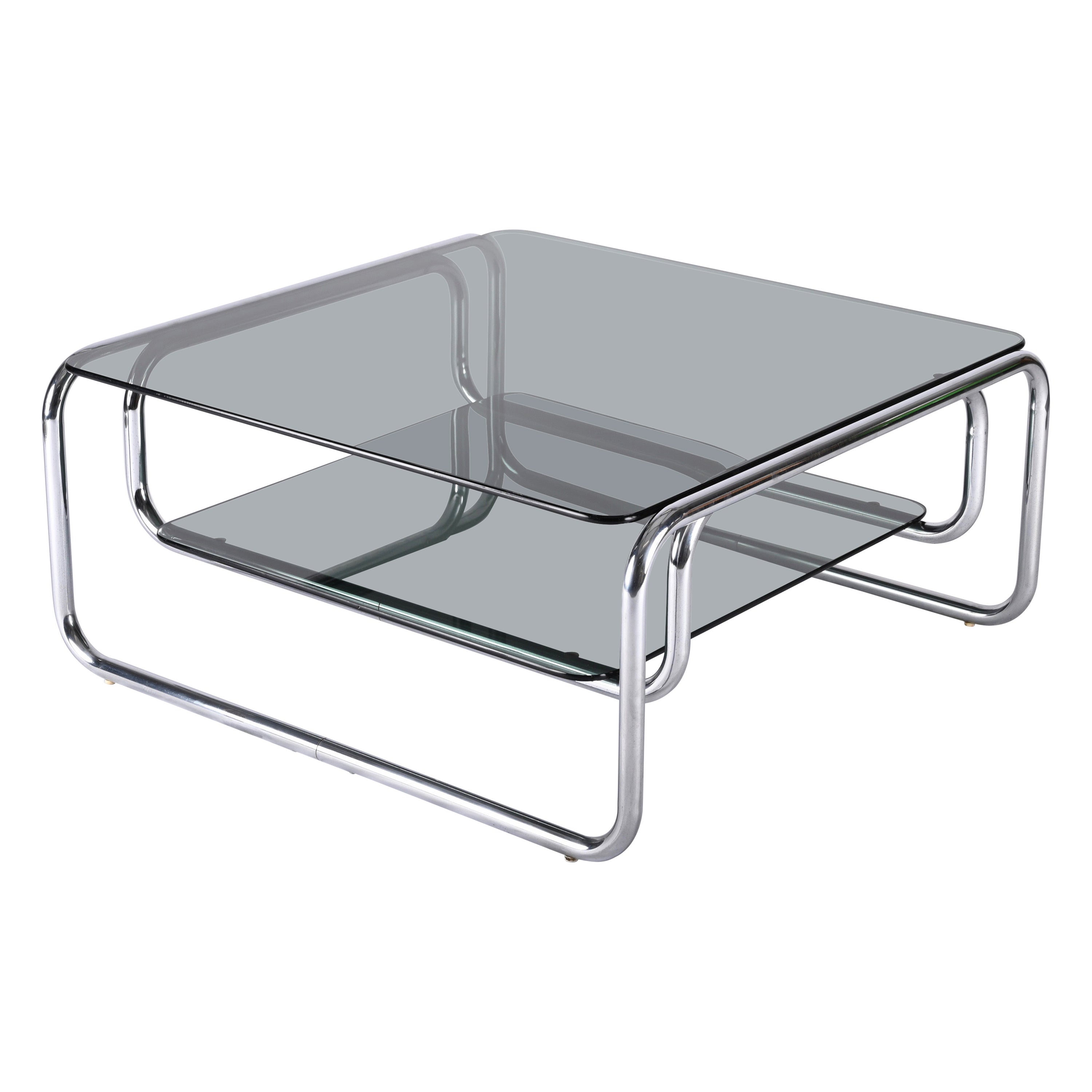 Midcentury Chromed Steel Italian Coffee Table with Smoked Glasses, Cassina 1970s
