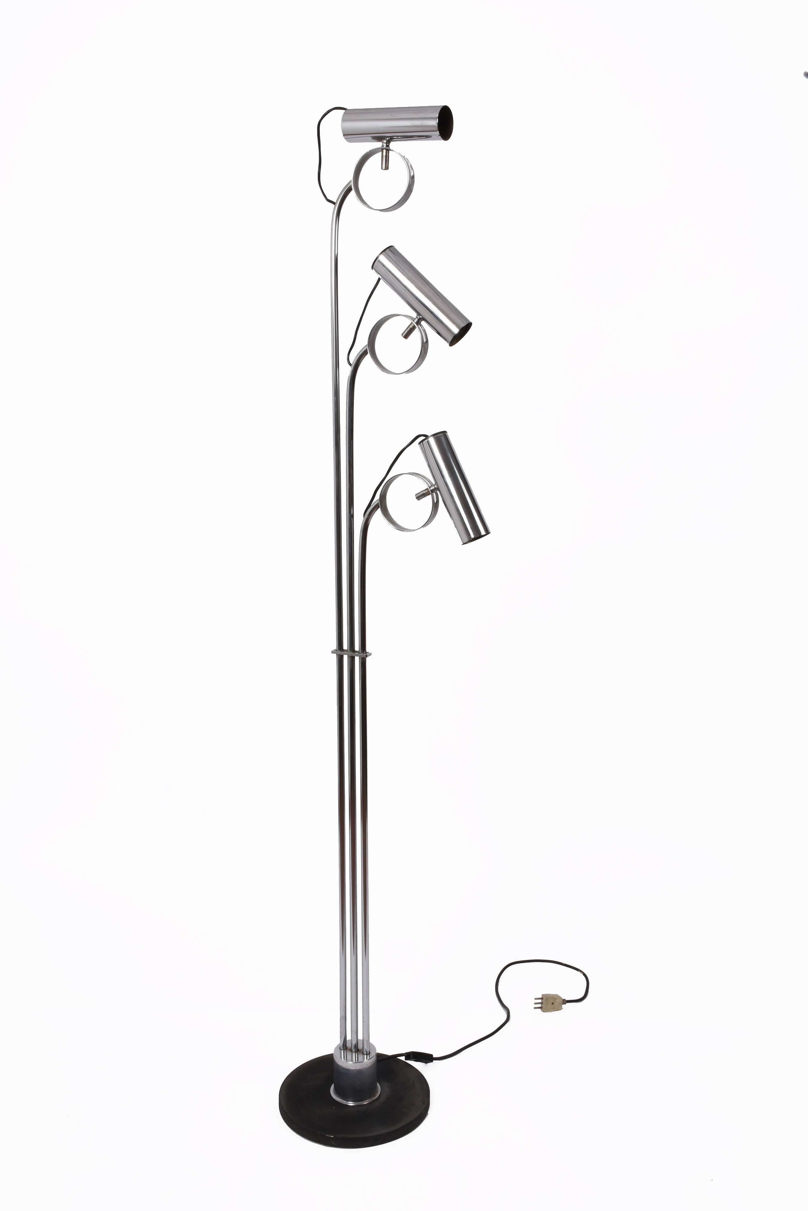 Late 20th Century Midcentury Chromed Steel Italian Floor Lamp with Three Adjustable Lights, 1970s  For Sale