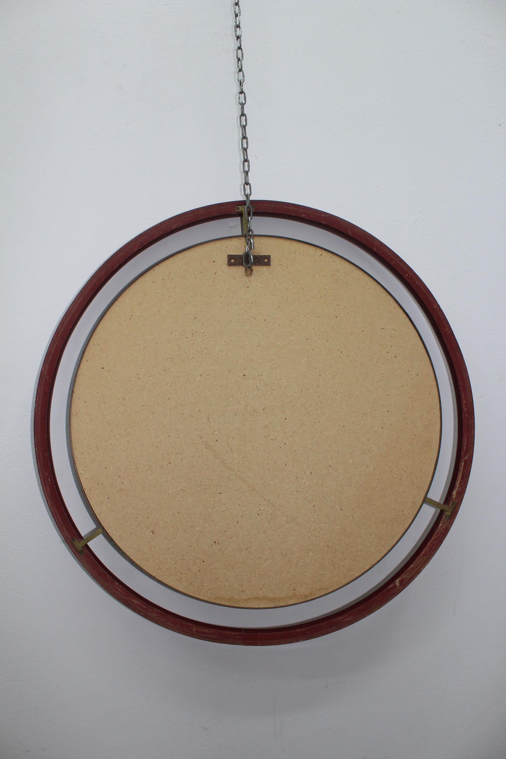 Midcentury Circle Red Wood Brass Italian Vintage Mirror, 1960 9