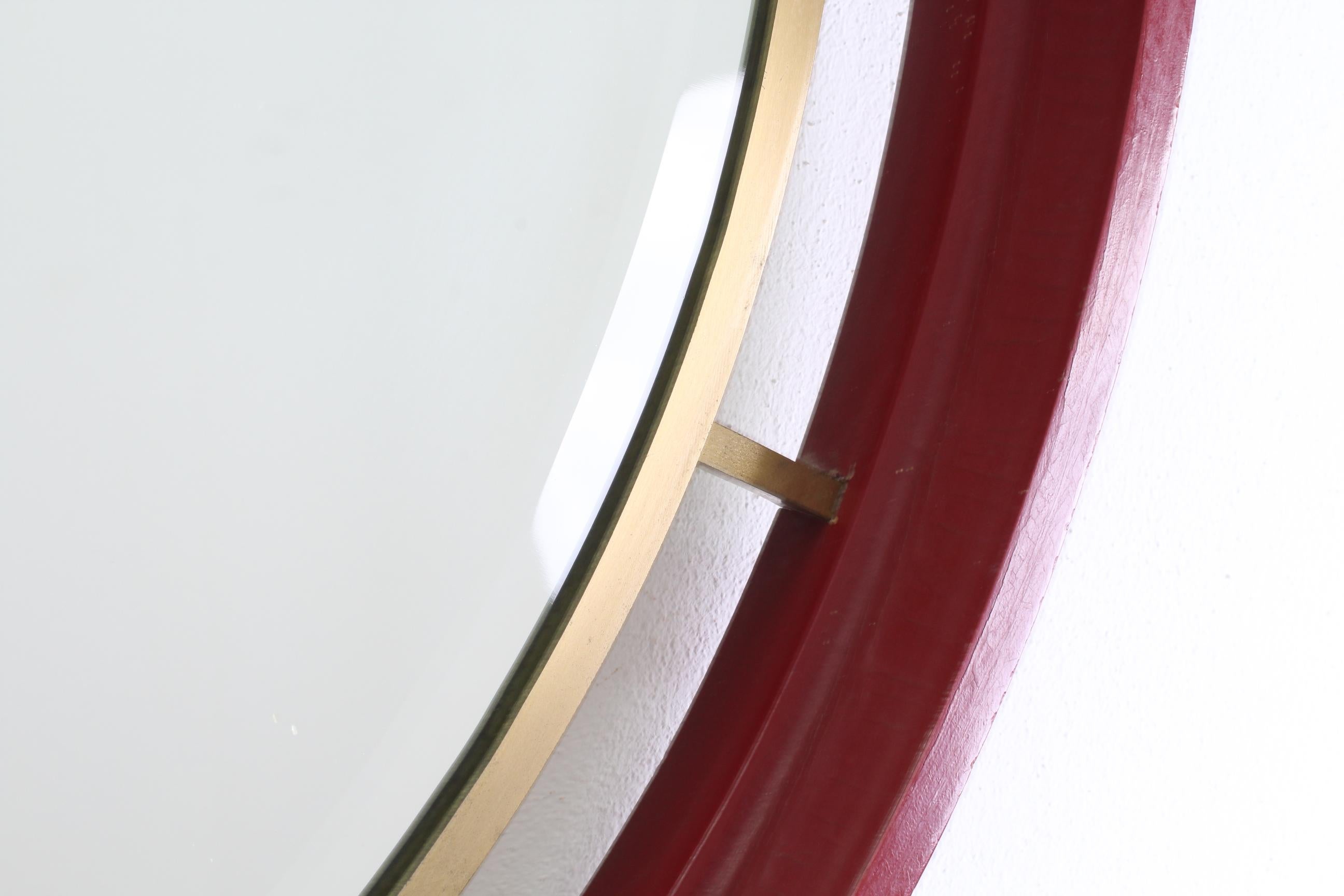Mid-Century Modern Midcentury Circle Red Wood Brass Italian Vintage Mirror, 1960