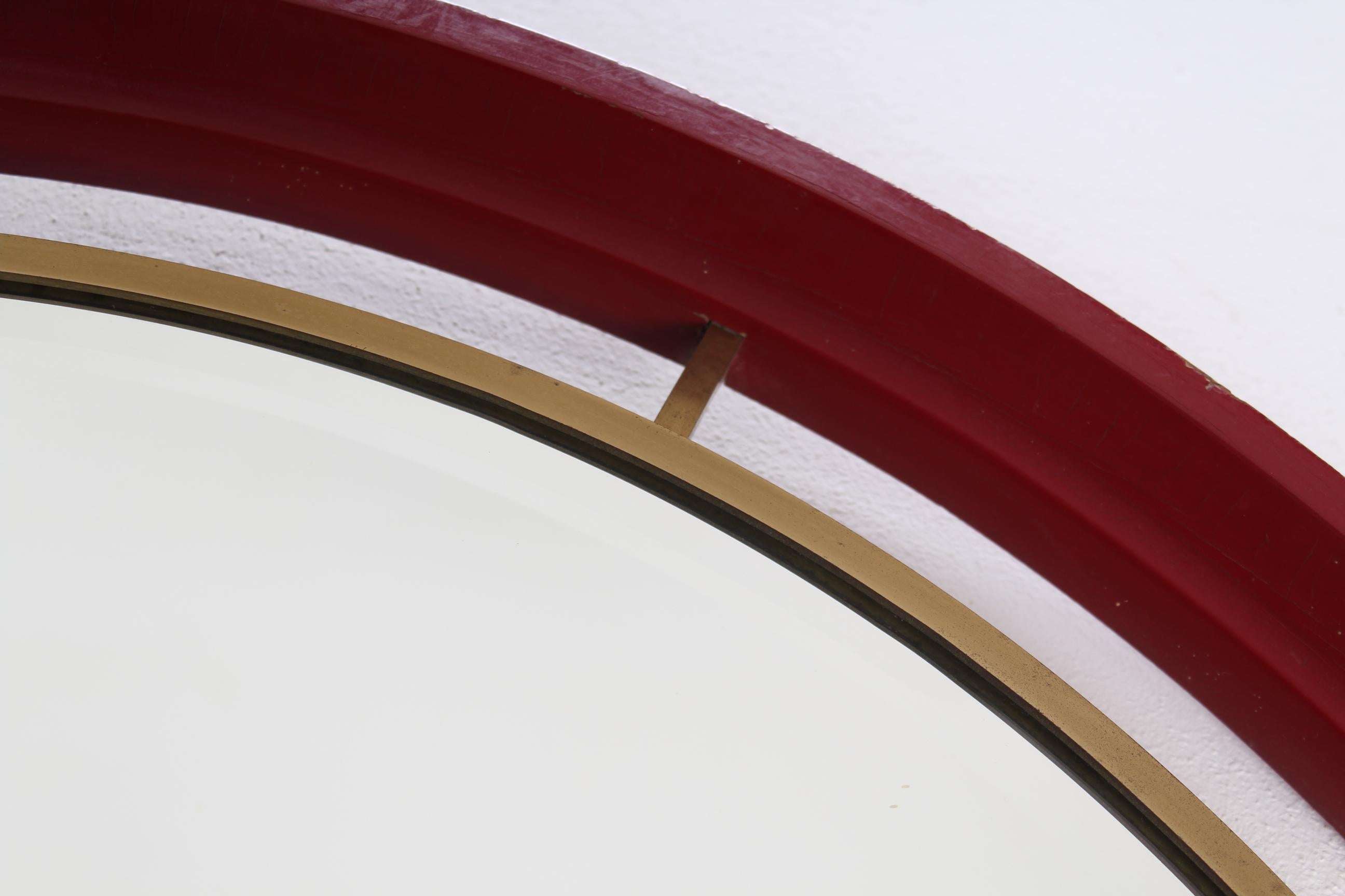 Midcentury Circle Red Wood Brass Italian Vintage Mirror, 1960 1