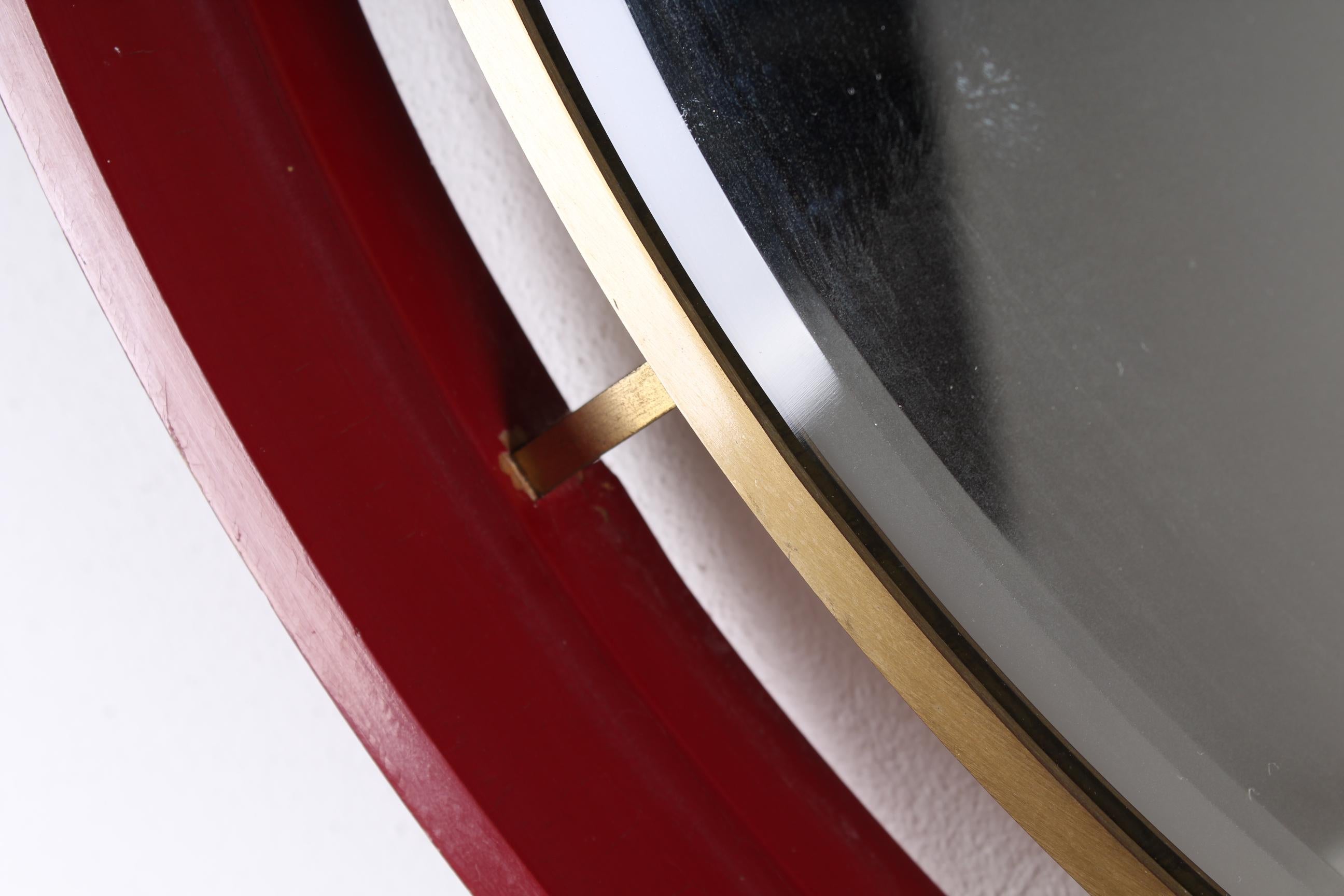 Midcentury Circle Red Wood Brass Italian Vintage Mirror, 1960 3