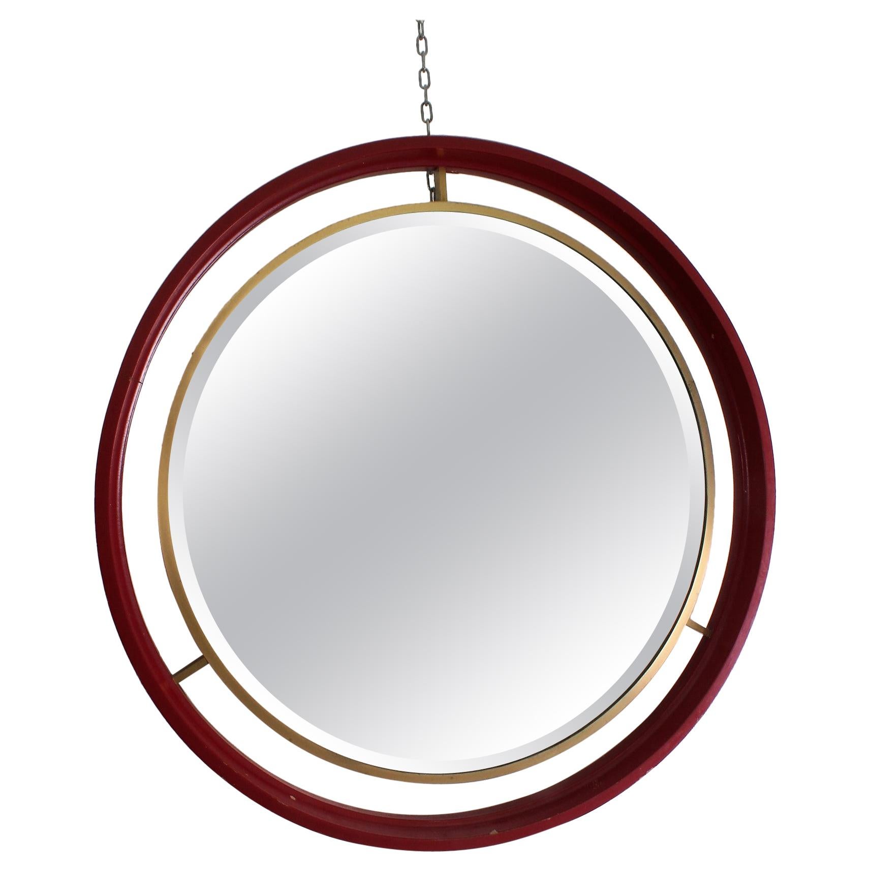 Midcentury Circle Red Wood Brass Italian Vintage Mirror, 1960