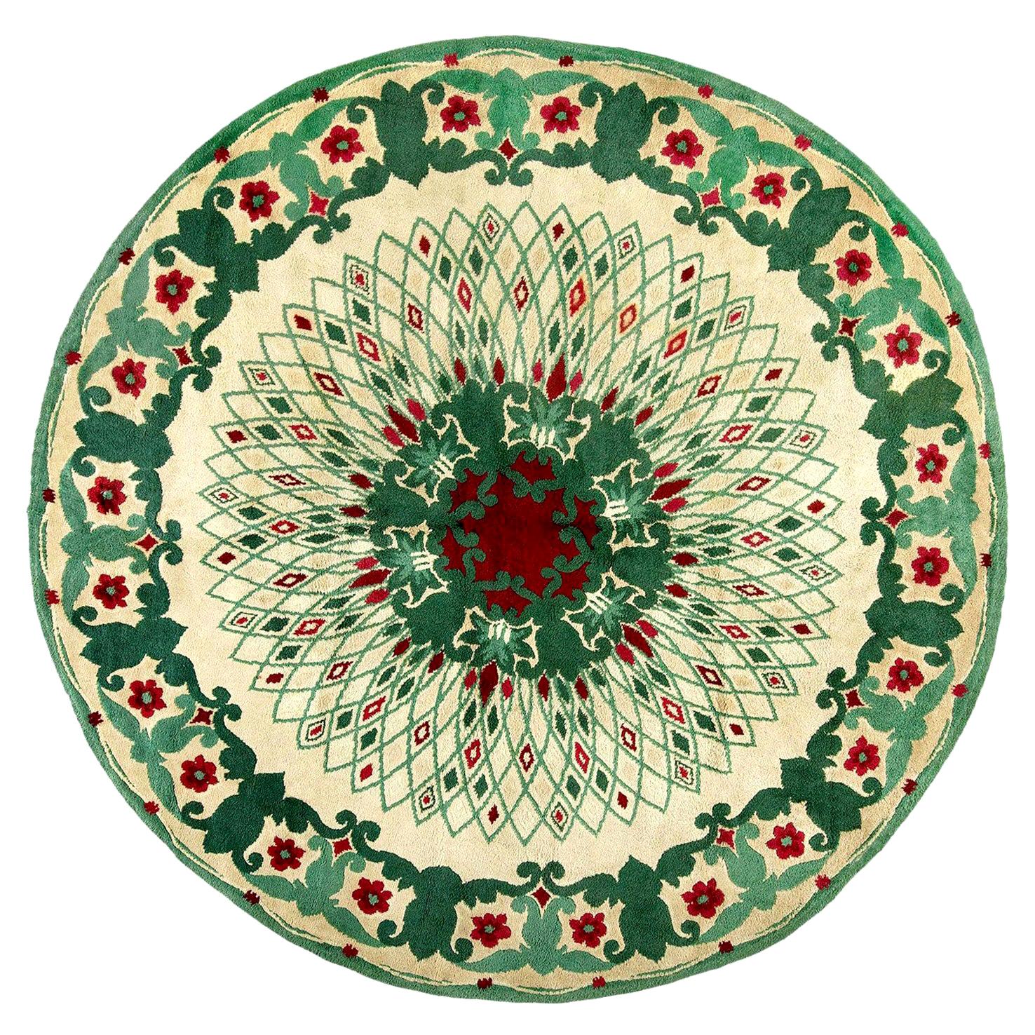 Midcentury Circular Green, White and Red Handwoven Wool Rug by Paule Leleu For Sale at 1stdibs