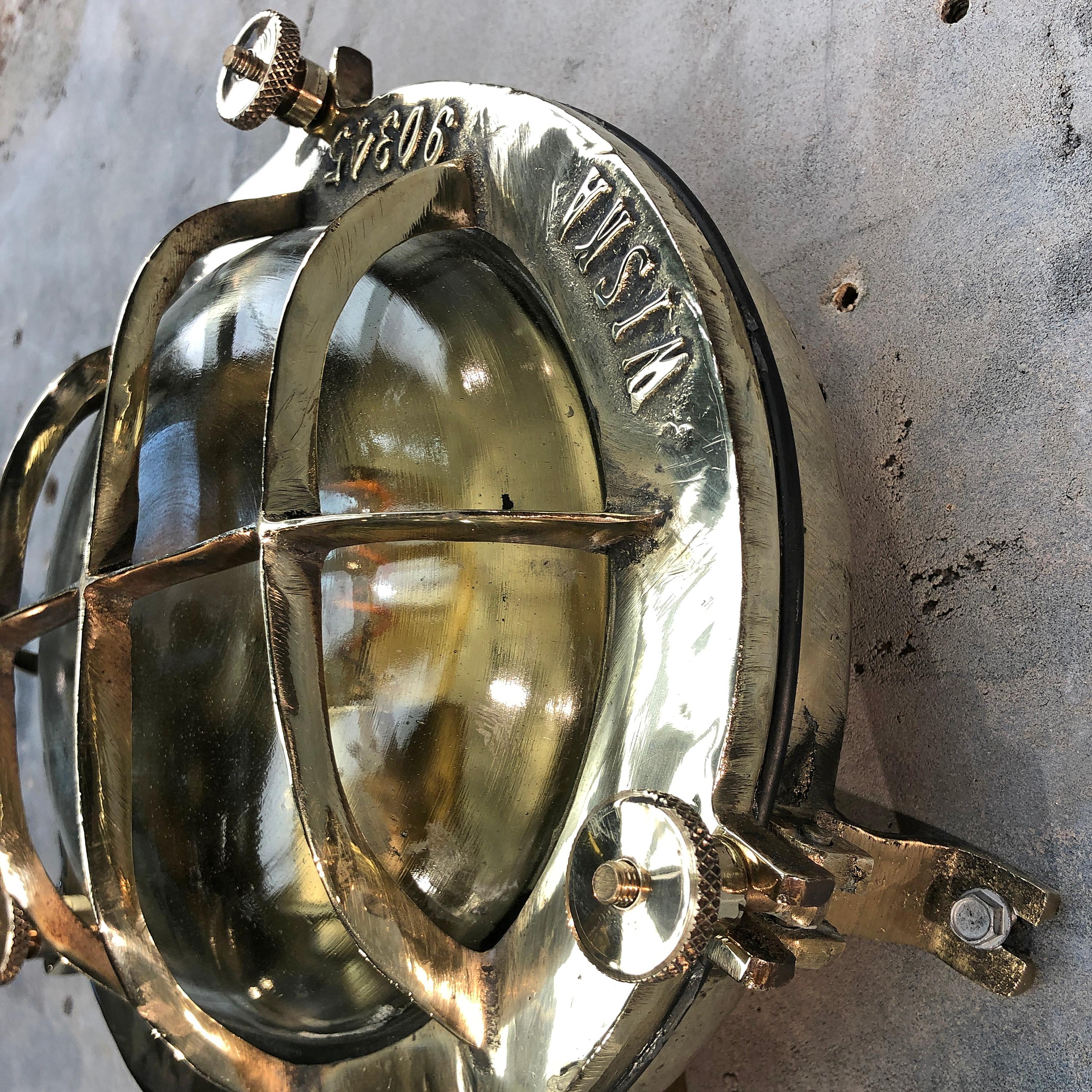 Midcentury Circular Industrial Cast Brass Circular Wall Light with Glass Dome 6