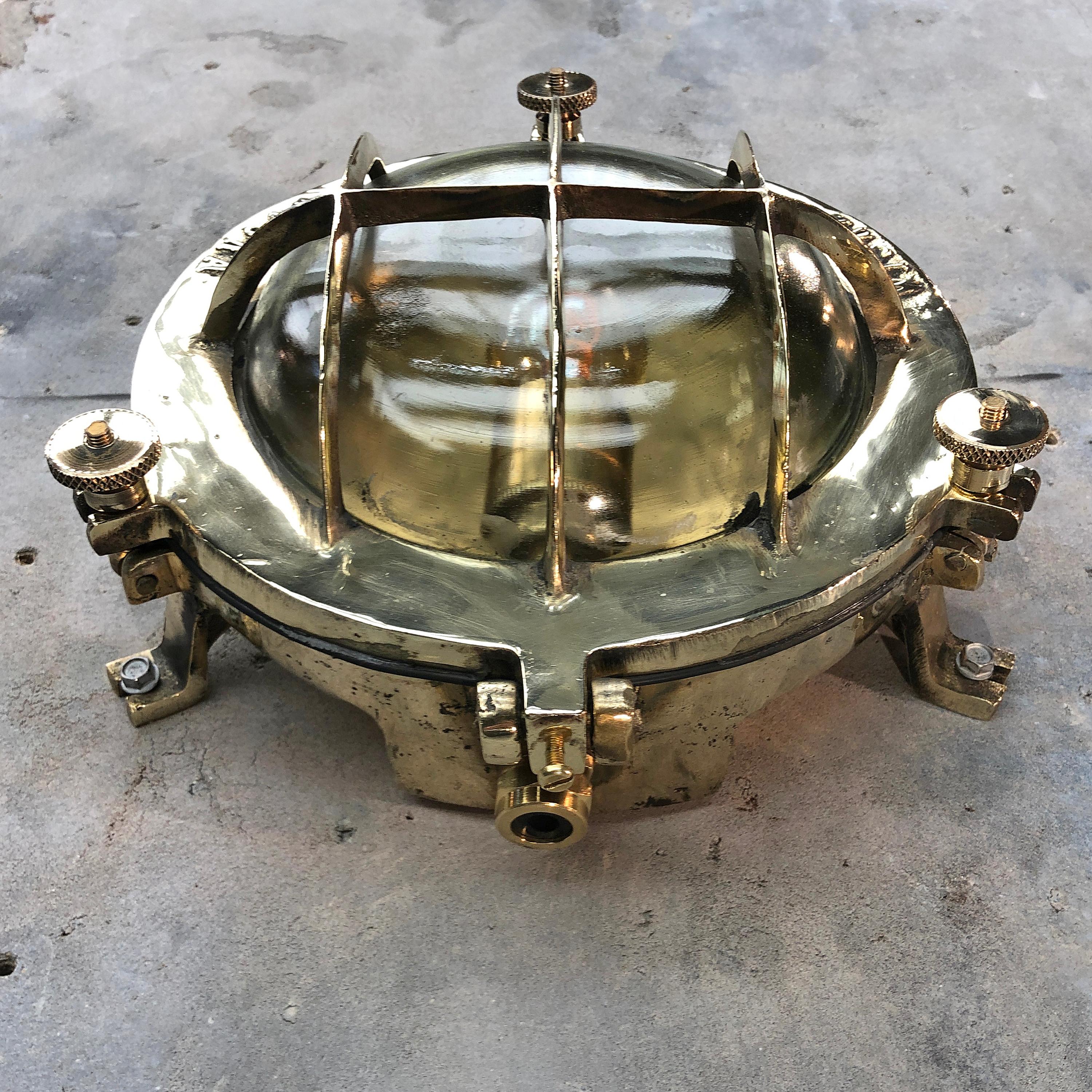 Midcentury Circular Industrial Cast Brass Circular Wall Light with Glass Dome 8