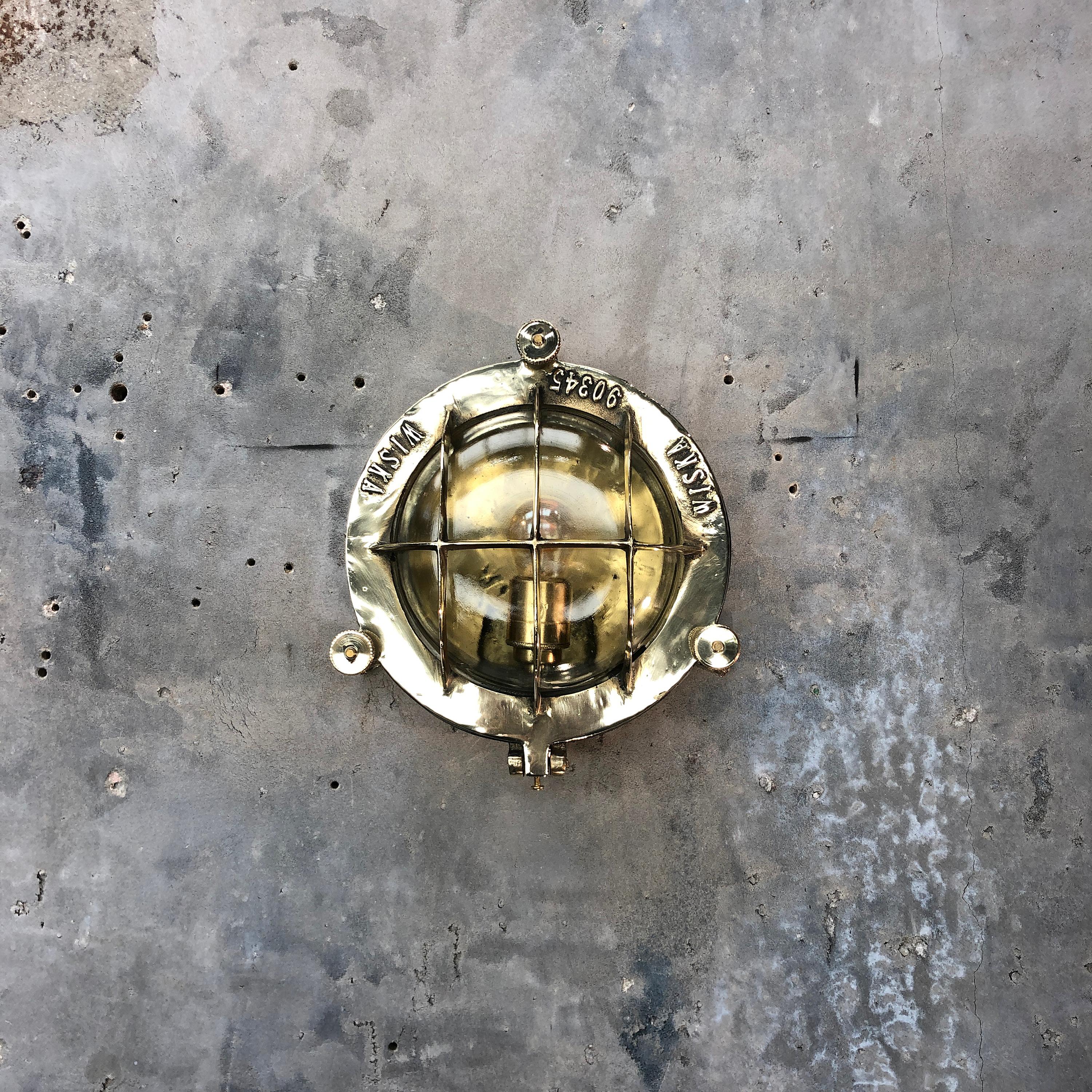 Midcentury Circular Industrial Cast Brass Circular Wall Light with Glass Dome 14