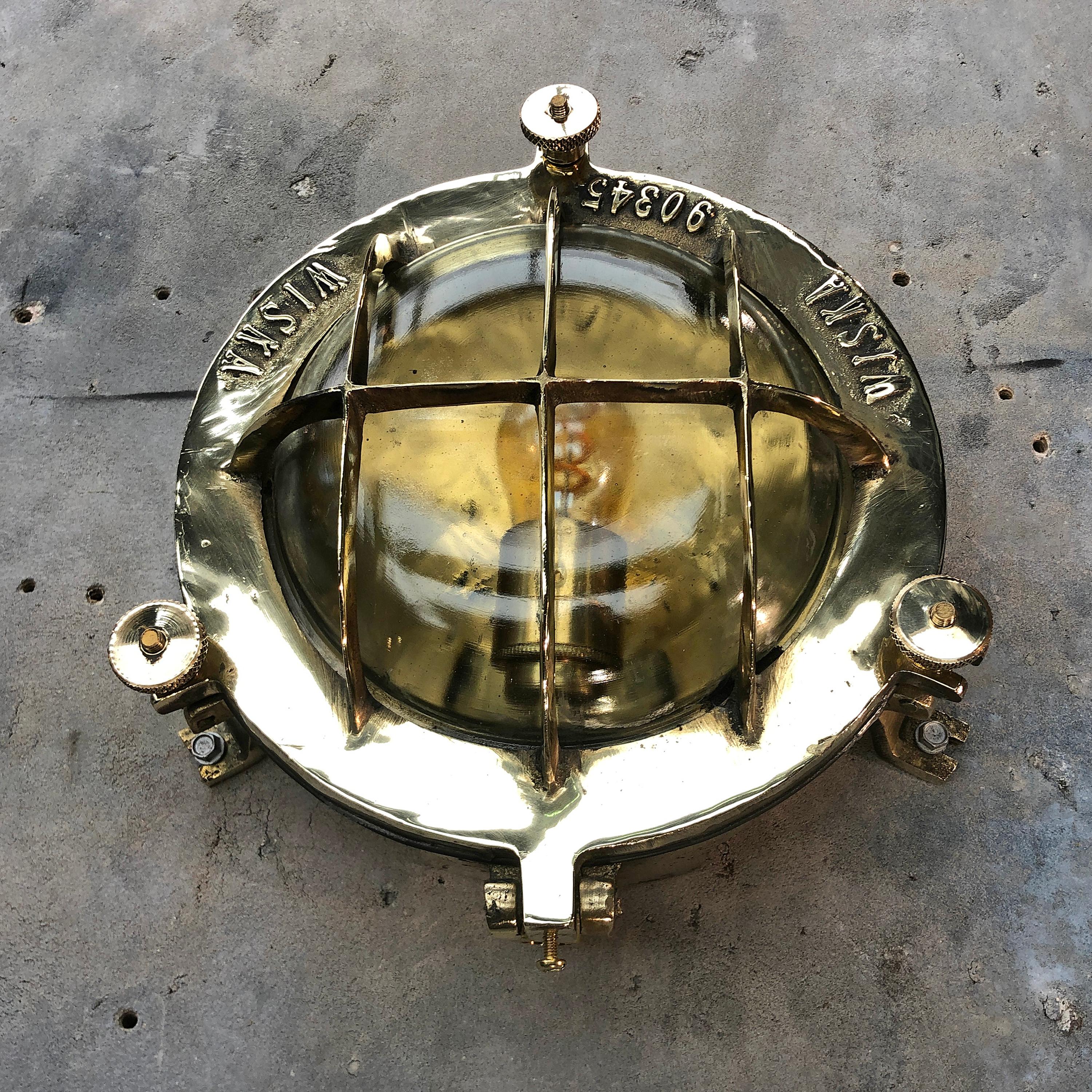 German Midcentury Circular Industrial Cast Brass Circular Wall Light with Glass Dome
