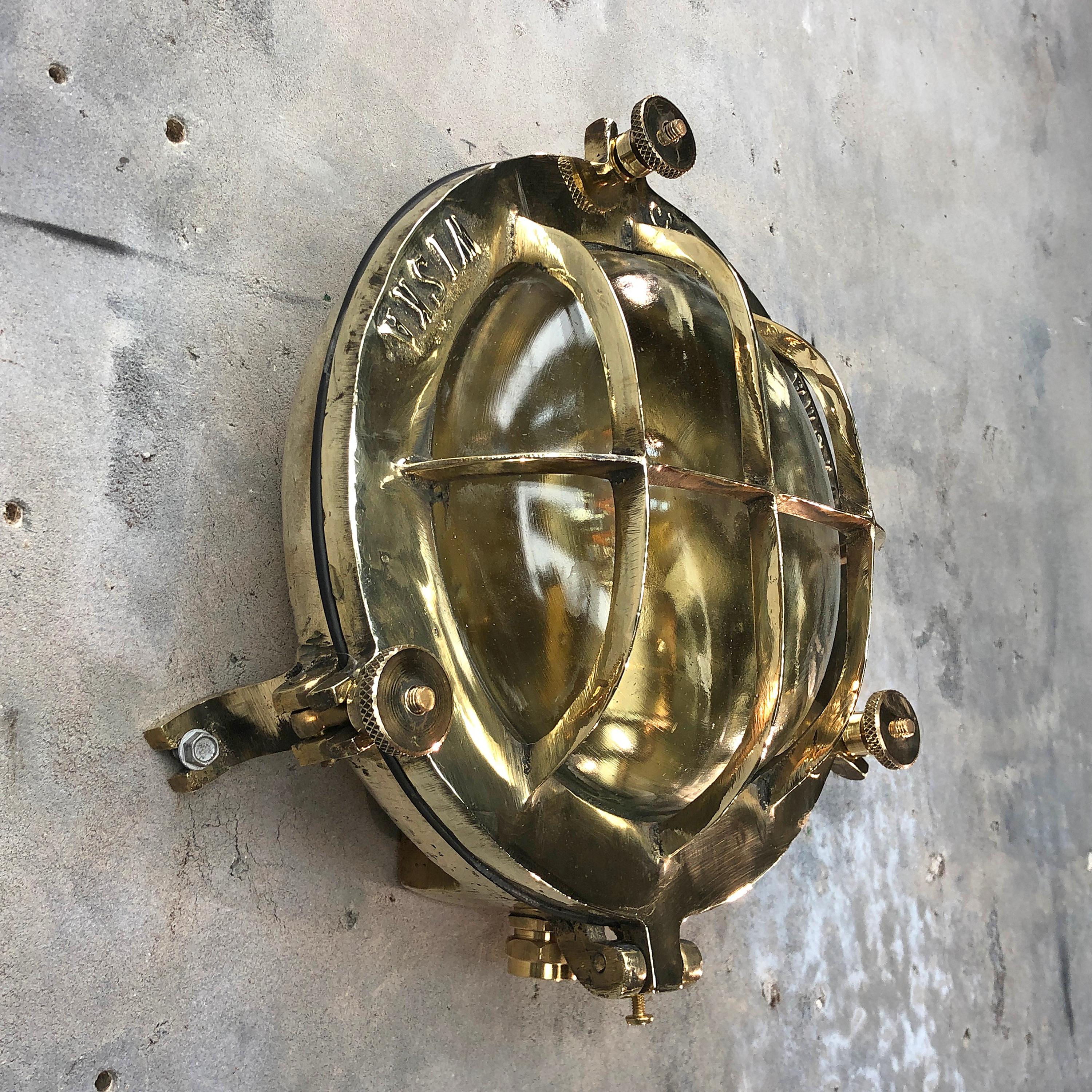 Late 20th Century Midcentury Circular Industrial Cast Brass Circular Wall Light with Glass Dome
