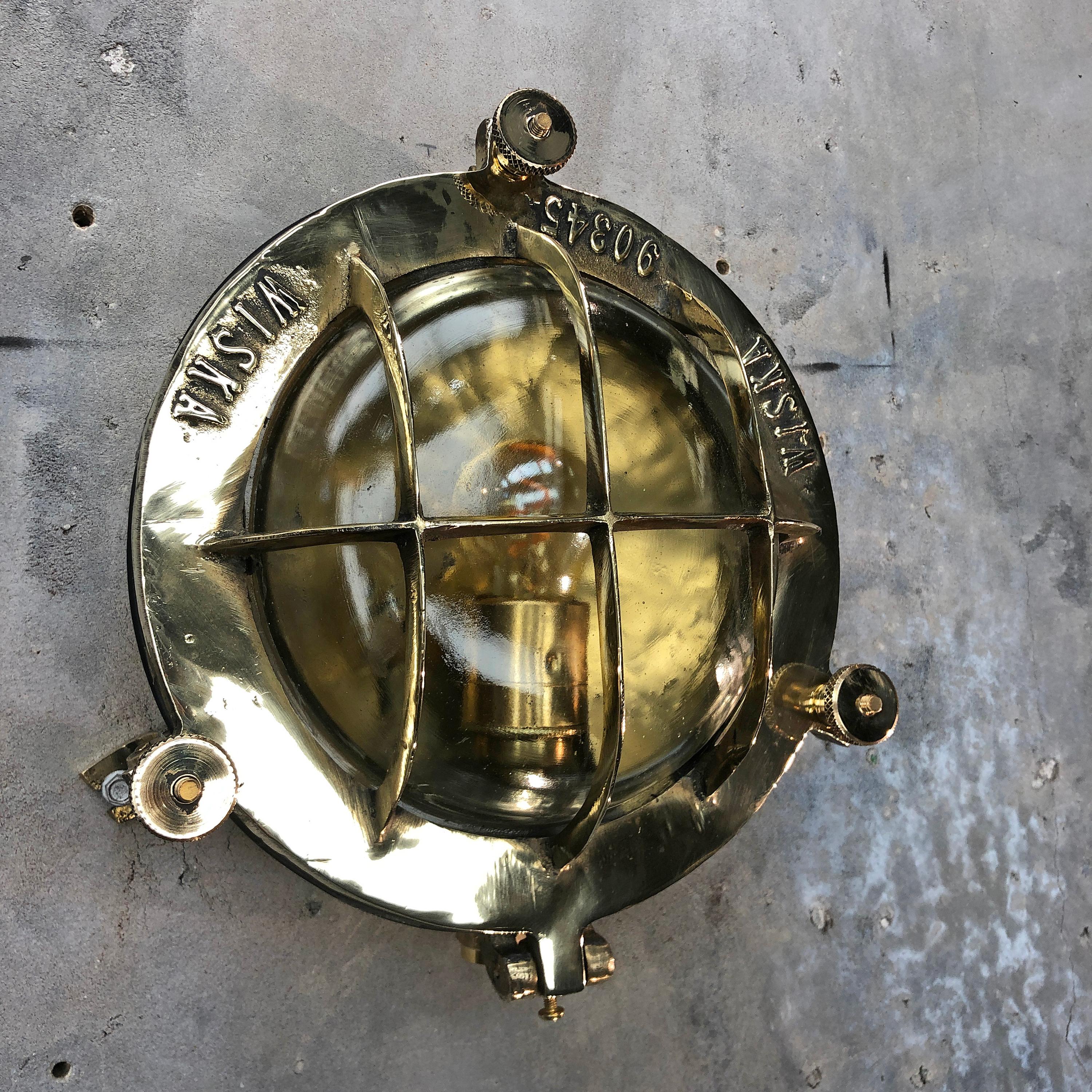 Midcentury Circular Industrial Cast Brass Circular Wall Light with Glass Dome 1