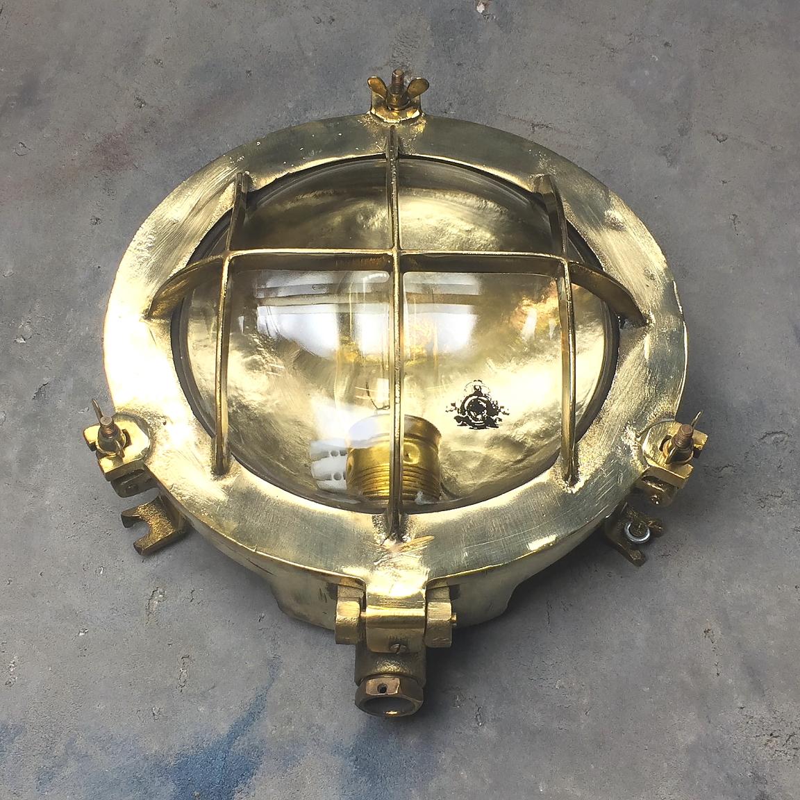 Mid-Century Circular Industrial Cast Brass Circular Wall Light with Glass Dome For Sale 1