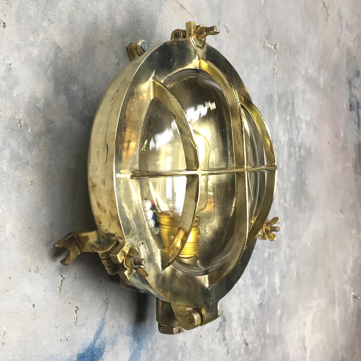 Mid-Century Circular Industrial Cast Brass Circular Wall Light with Glass Dome For Sale 2
