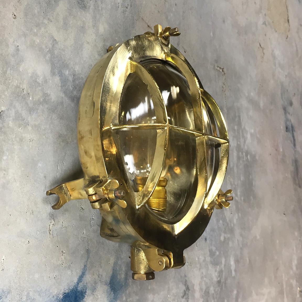 Mid-Century Circular Industrial Cast Brass Circular Wall Light with Glass Dome For Sale 3
