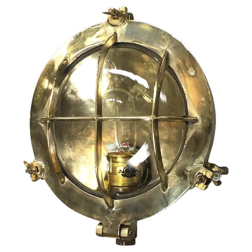 Mid-Century Circular Industrial Cast Brass Circular Wall Light with Glass Dome