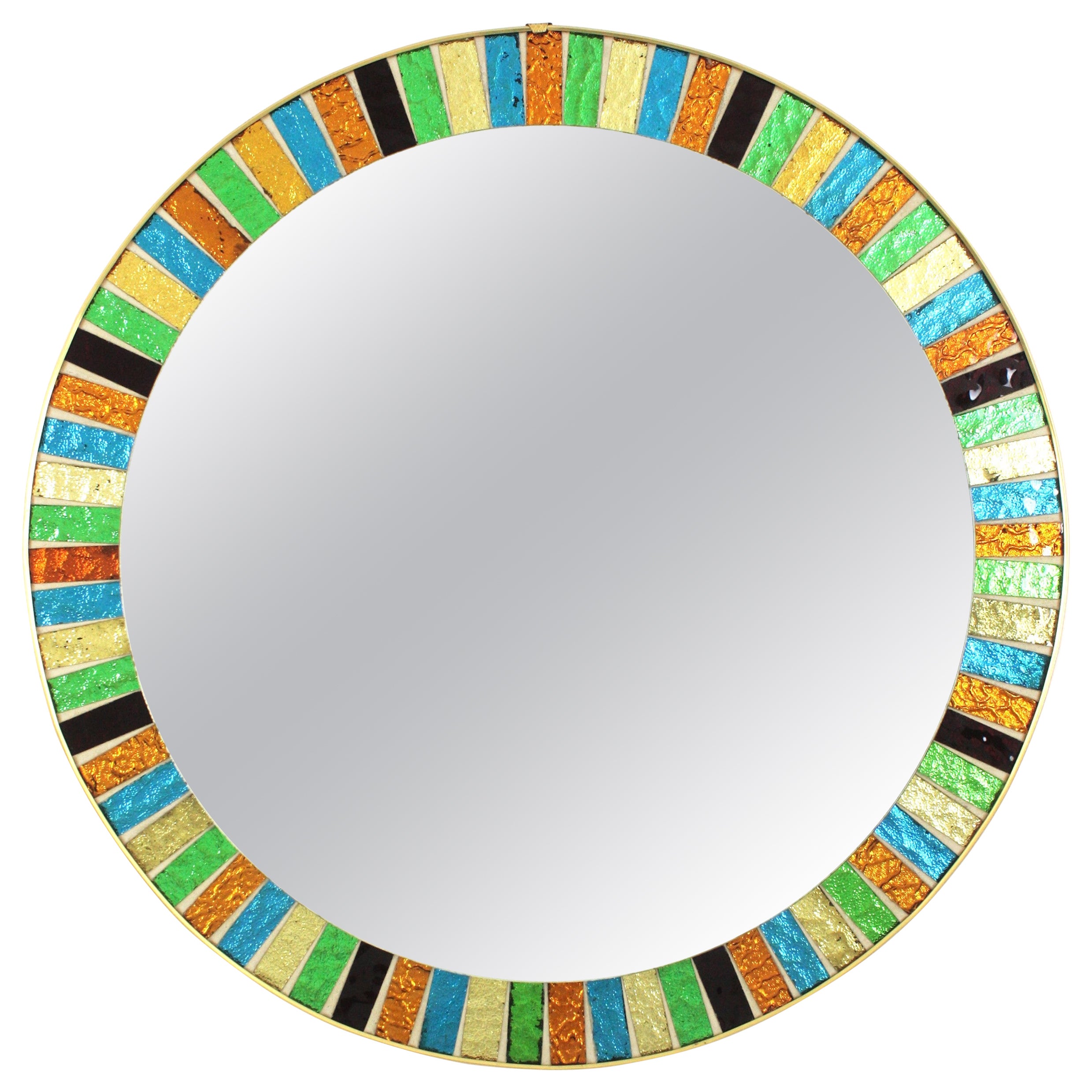 Midcentury Circular Mirror with Multicolor Sunburst Glass Mosaic Frame