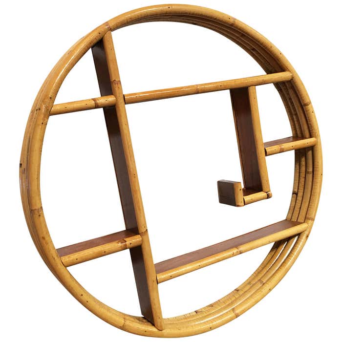 Mid-Century Circular Rattan Wall Hanging Shelf with Asymmetric Shelves ...